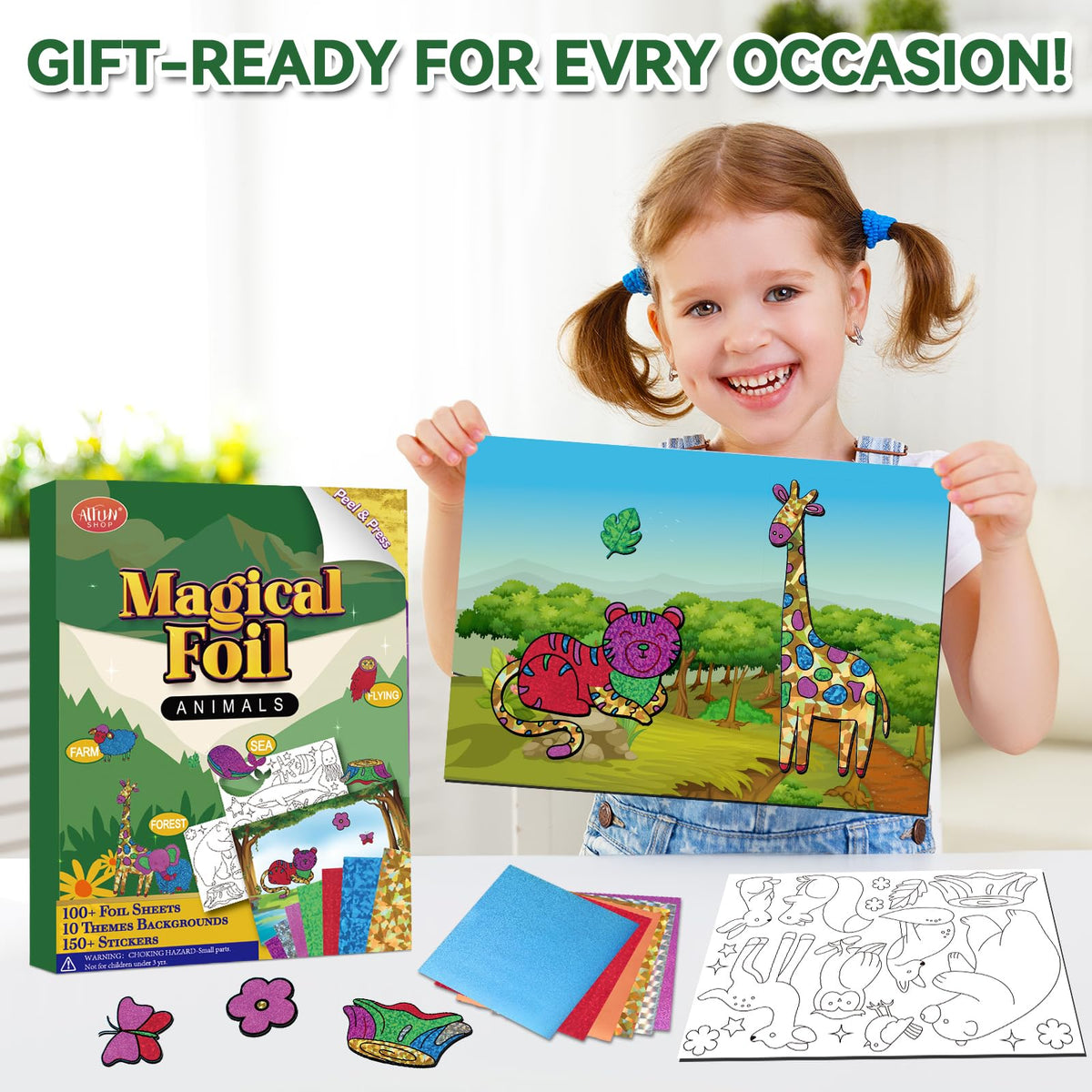 ATFUNSHOP Magical Foil Art: No-Mess 5-Theme Animal Craft Kit for Kids 4-9