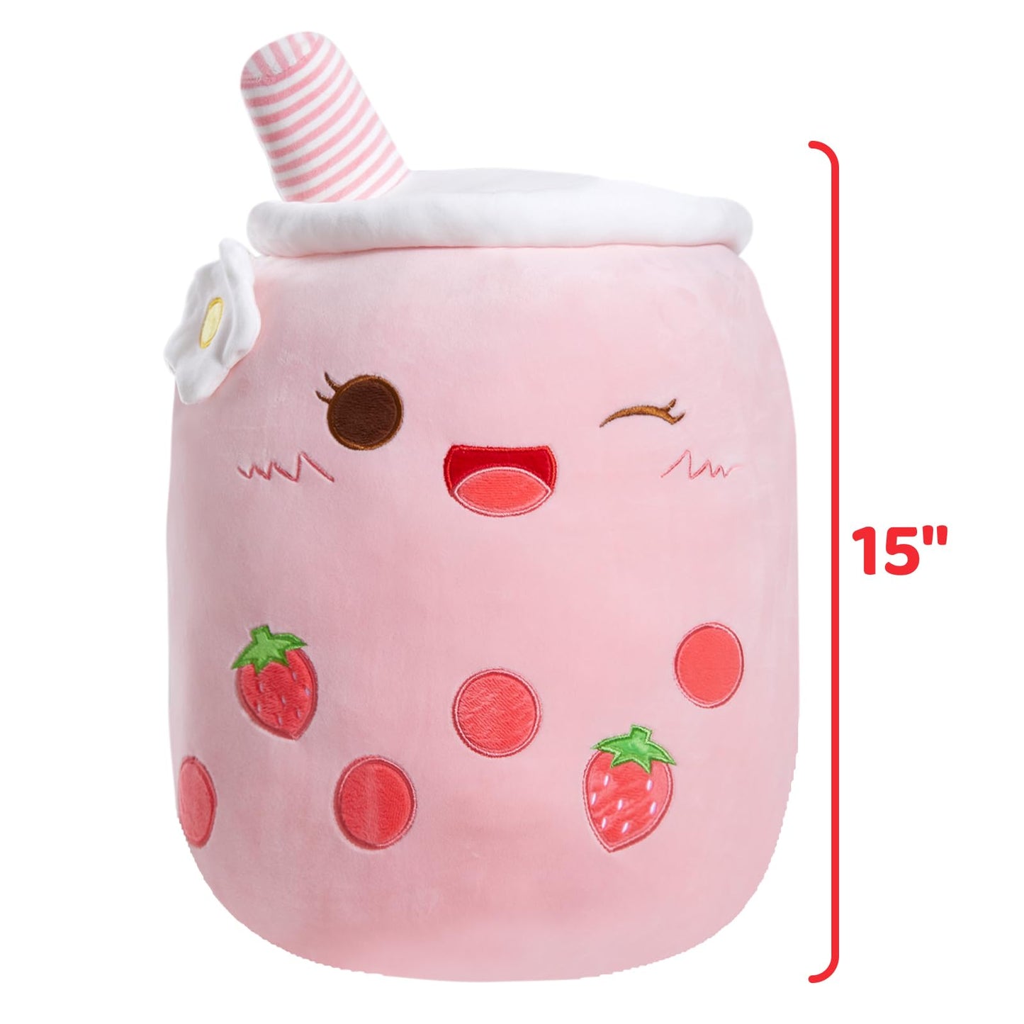 Athoinsu Light Up Strawberry Milky Tea Plush Pillow 15'' | LED Bubble Tea Toy