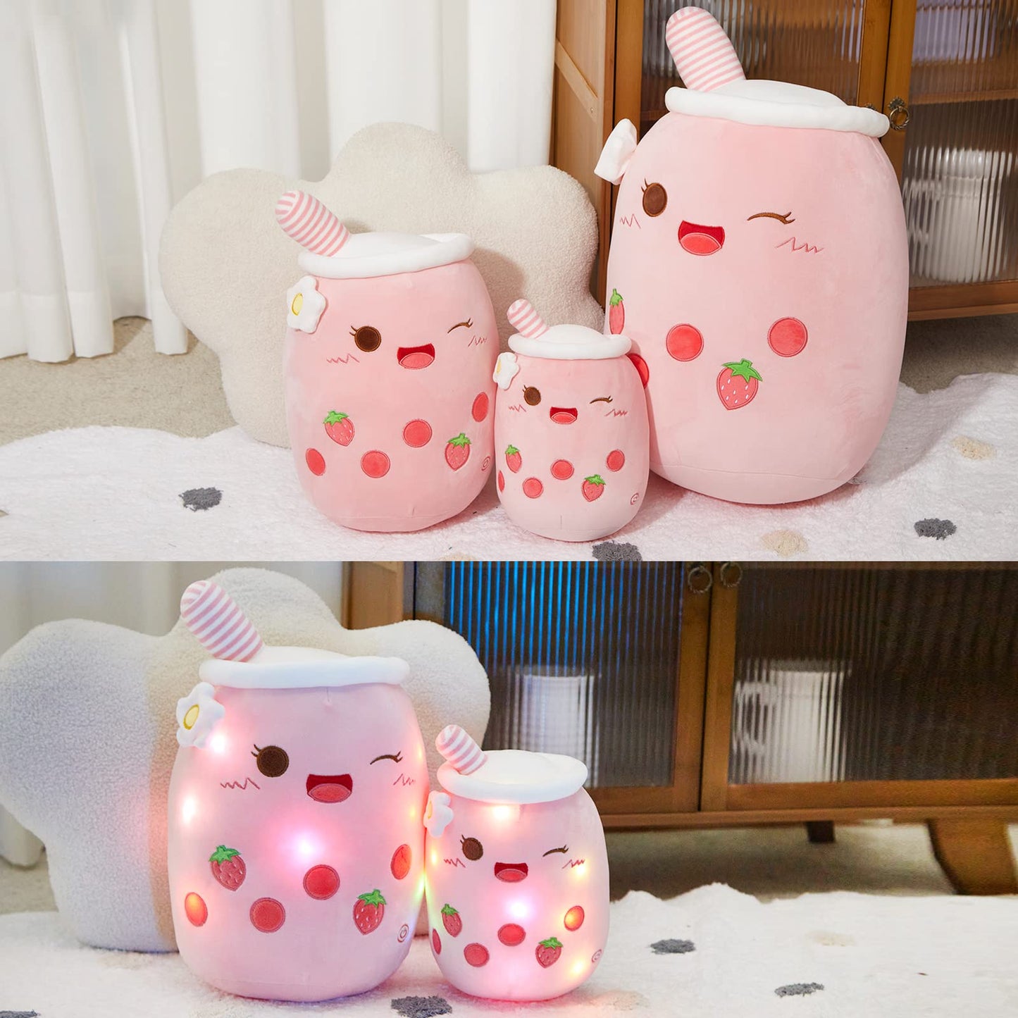 Athoinsu Light Up Strawberry Milky Tea Plush Pillow 15'' | LED Bubble Tea Toy