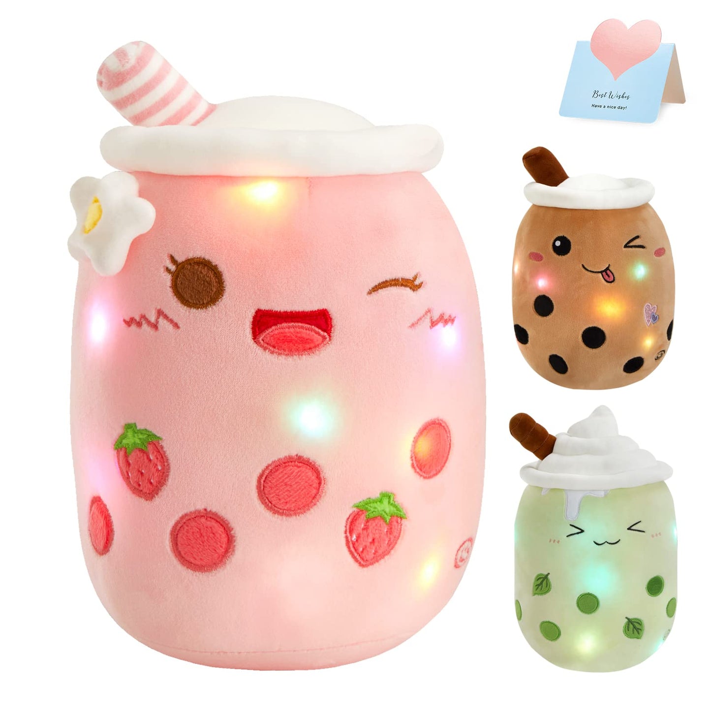 Athoinsu Light Up Strawberry Milky Tea Plush Pillow 15'' | LED Bubble Tea Toy