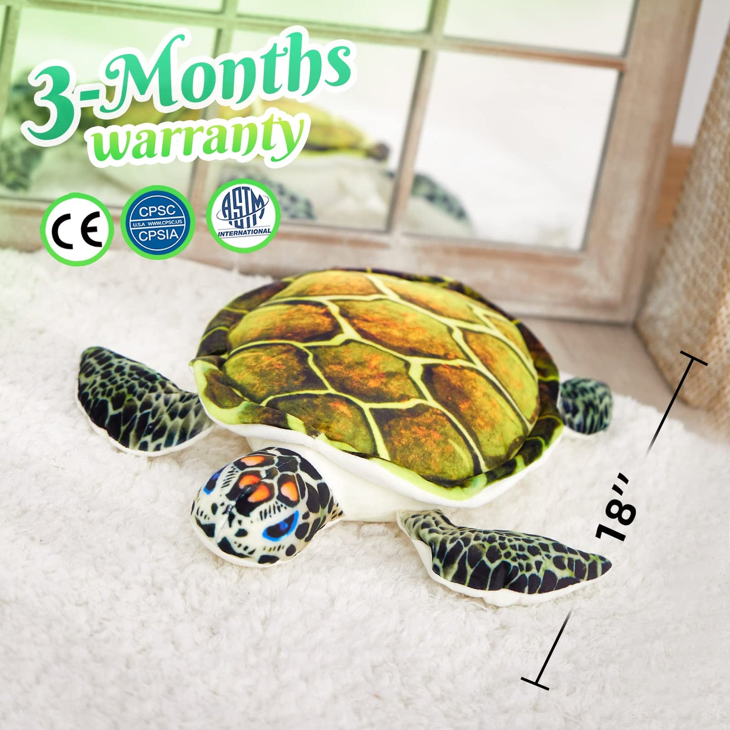 Athoinsu Realistic Sea Turtle Plush – 18-Inch Green Plush Toy & Pillow