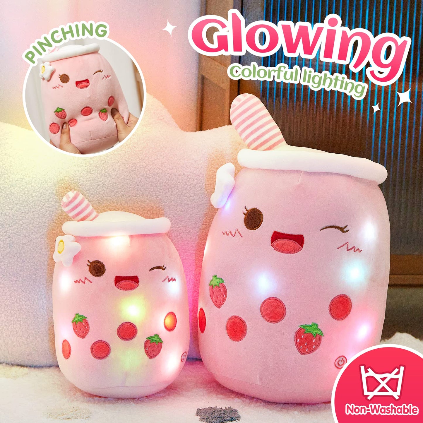 Athoinsu Light Up Strawberry Milky Tea Plush Pillow 15'' | LED Bubble Tea Toy