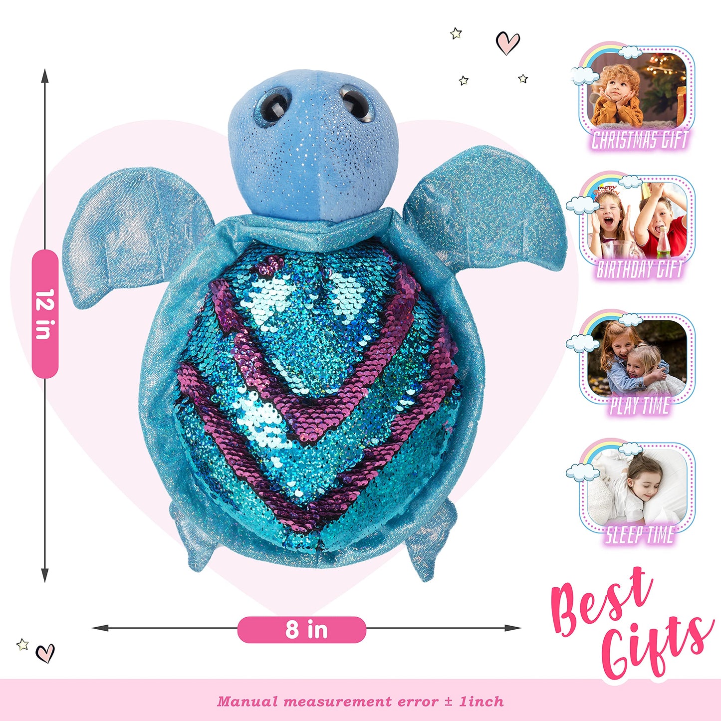 Athoinsu Reversible Sequins Sea Turtle Plush Toy – 12-Inch Sparkly Soft Plush Pillow for Kids