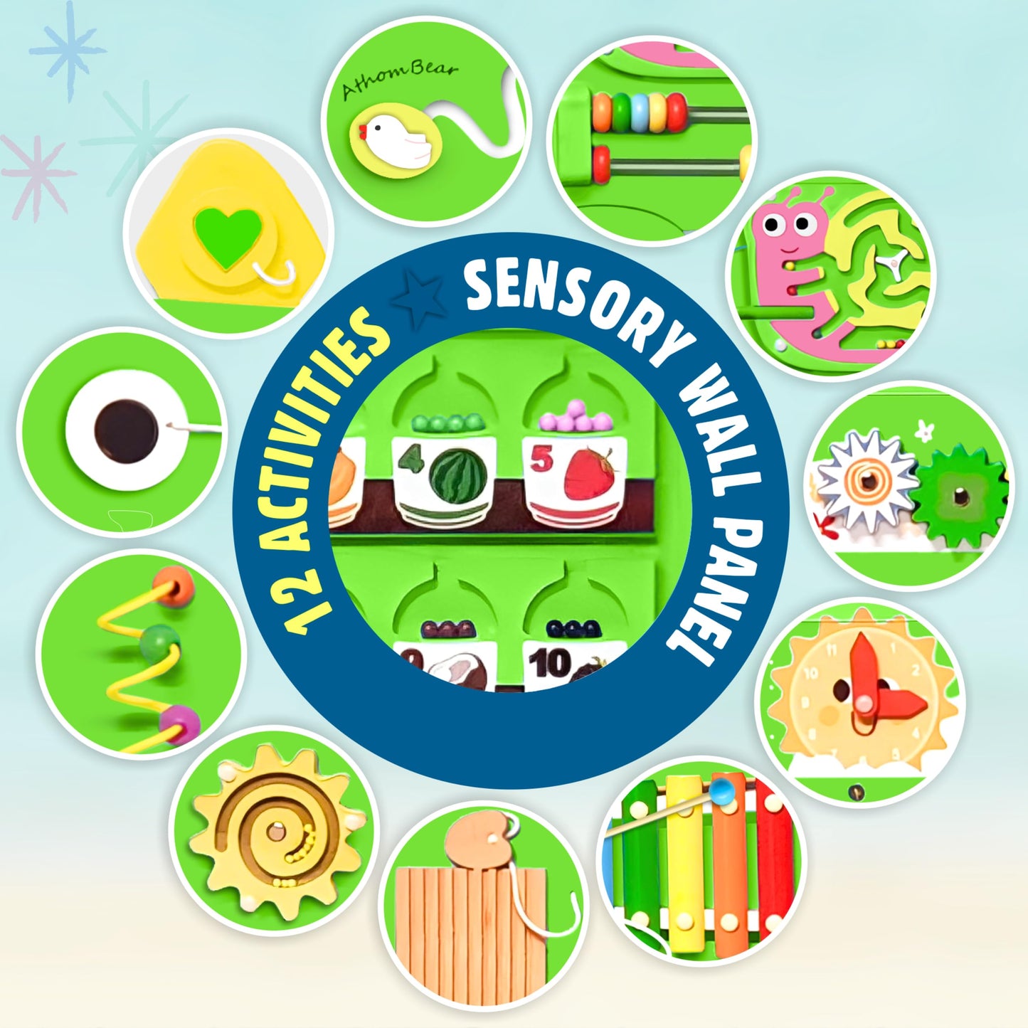 AthomBear Dinosaur Wall Busy Board – 12 Activities for Toddlers | Montessori Sensory Panel
