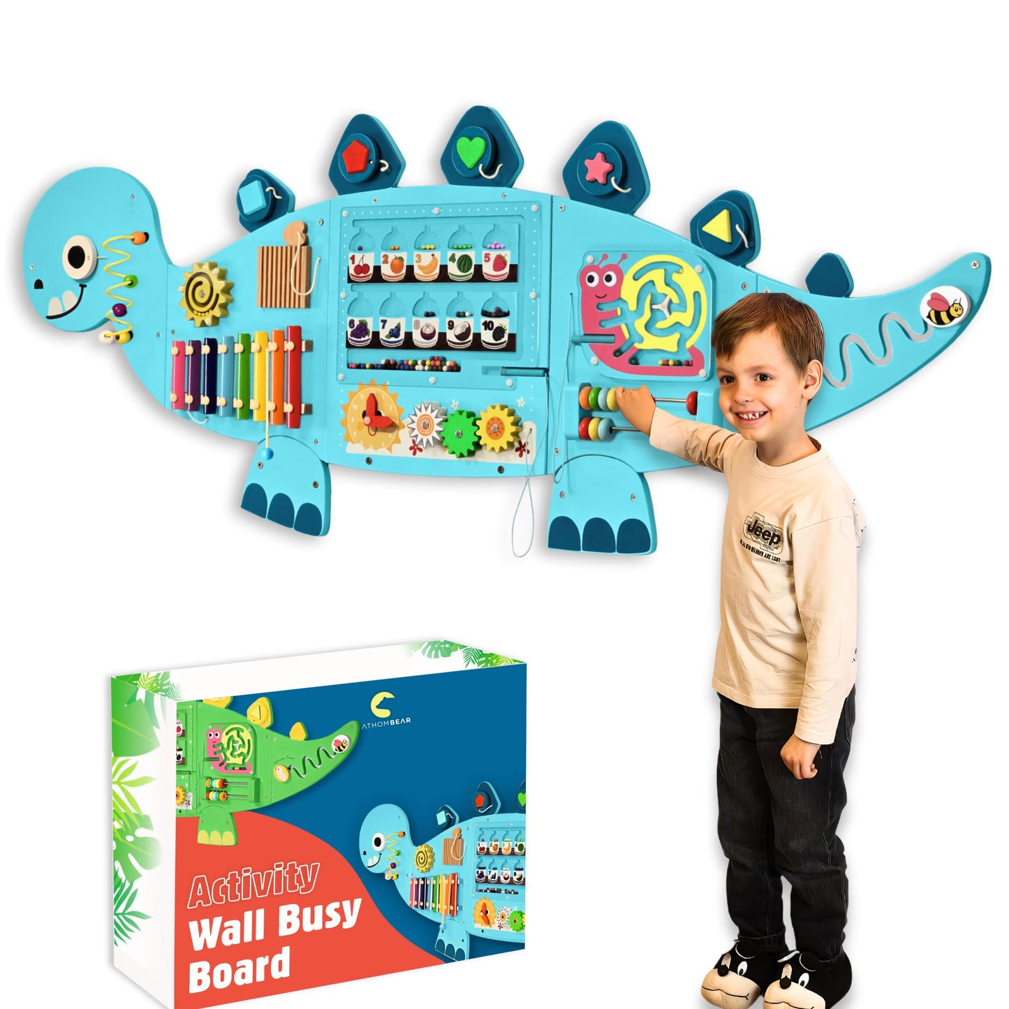 AthomBear Dinosaur Wall Busy Board with 12 Activities – Montessori Sensory Panel for Toddlers