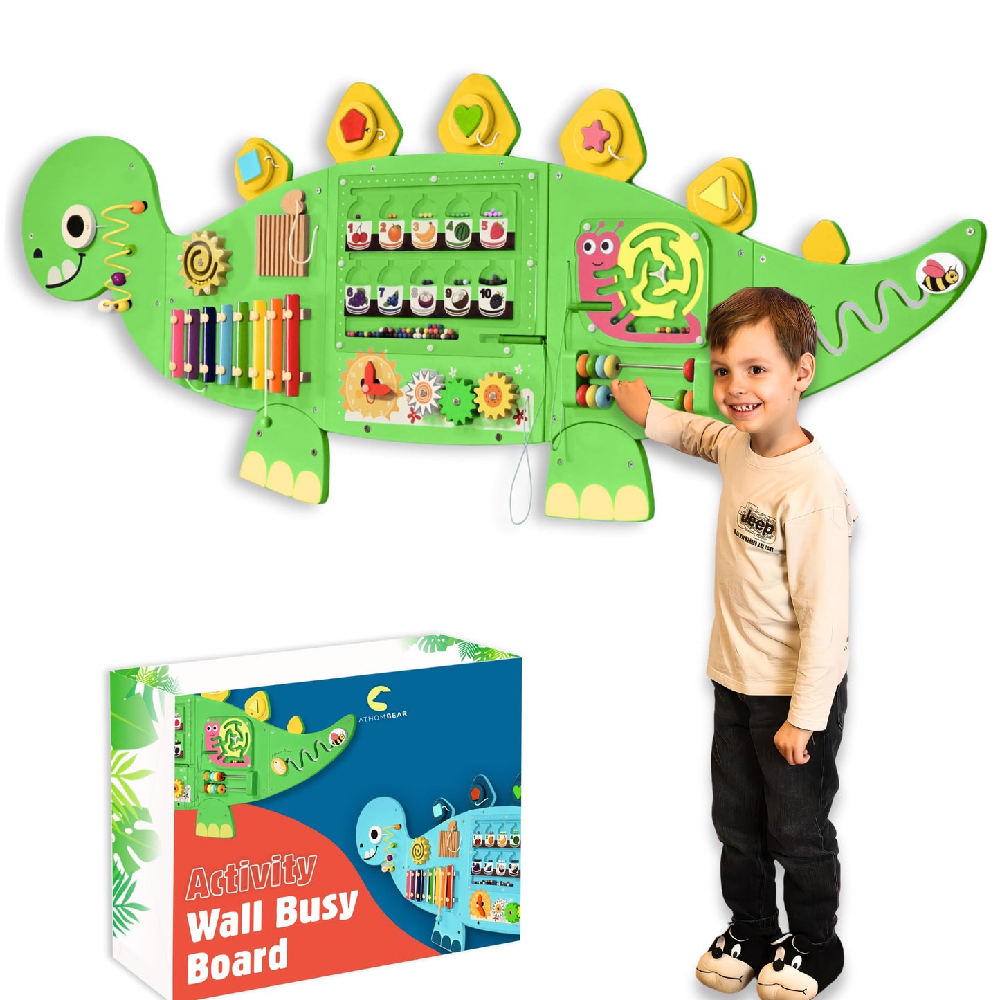 AthomBear Dinosaur Wall Busy Board – 12 Activities for Toddlers | Montessori Sensory Panel