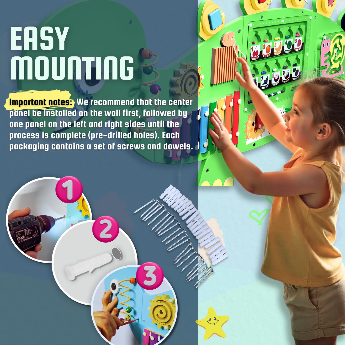 AthomBear Dinosaur Wall Busy Board – 12 Activities for Toddlers | Montessori Sensory Panel