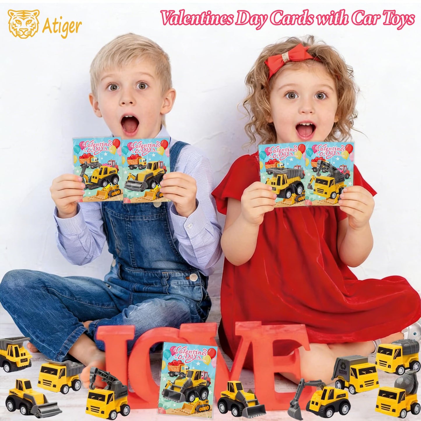 Atiger Valentines Day Cards for Kids School - 27 Pull-Back Construction Vehicles for Classroom Parties