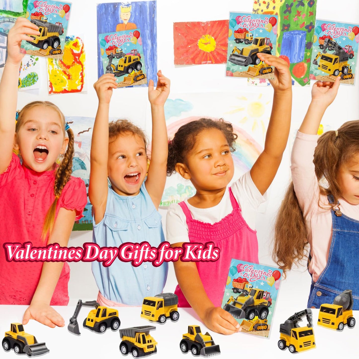 Atiger Valentines Day Cards for Kids School - 27 Pull-Back Construction Vehicles for Classroom Parties