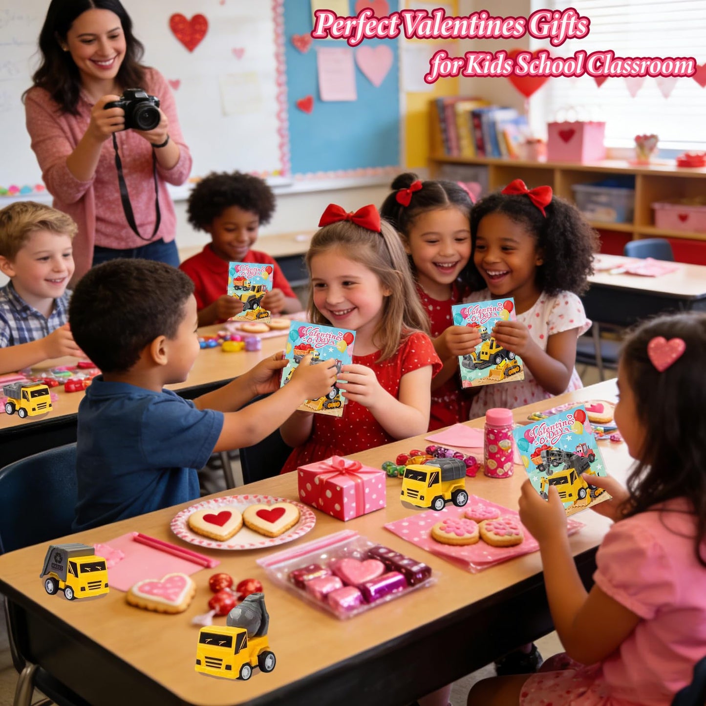 Atiger Valentines Day Cards for Kids School - 27 Pull-Back Construction Vehicles for Classroom Parties