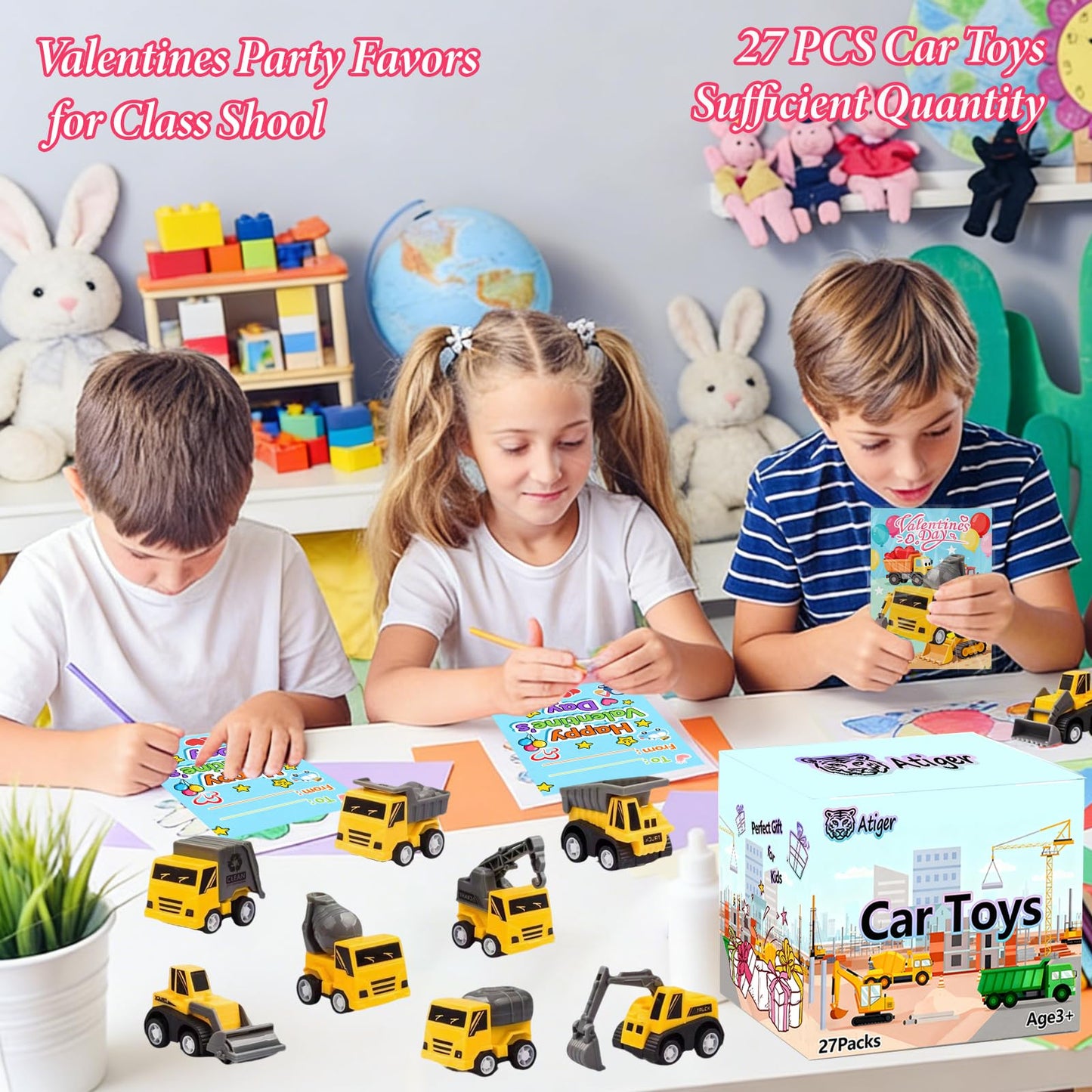 Atiger Valentines Day Cards for Kids School - 27 Pull-Back Construction Vehicles for Classroom Parties