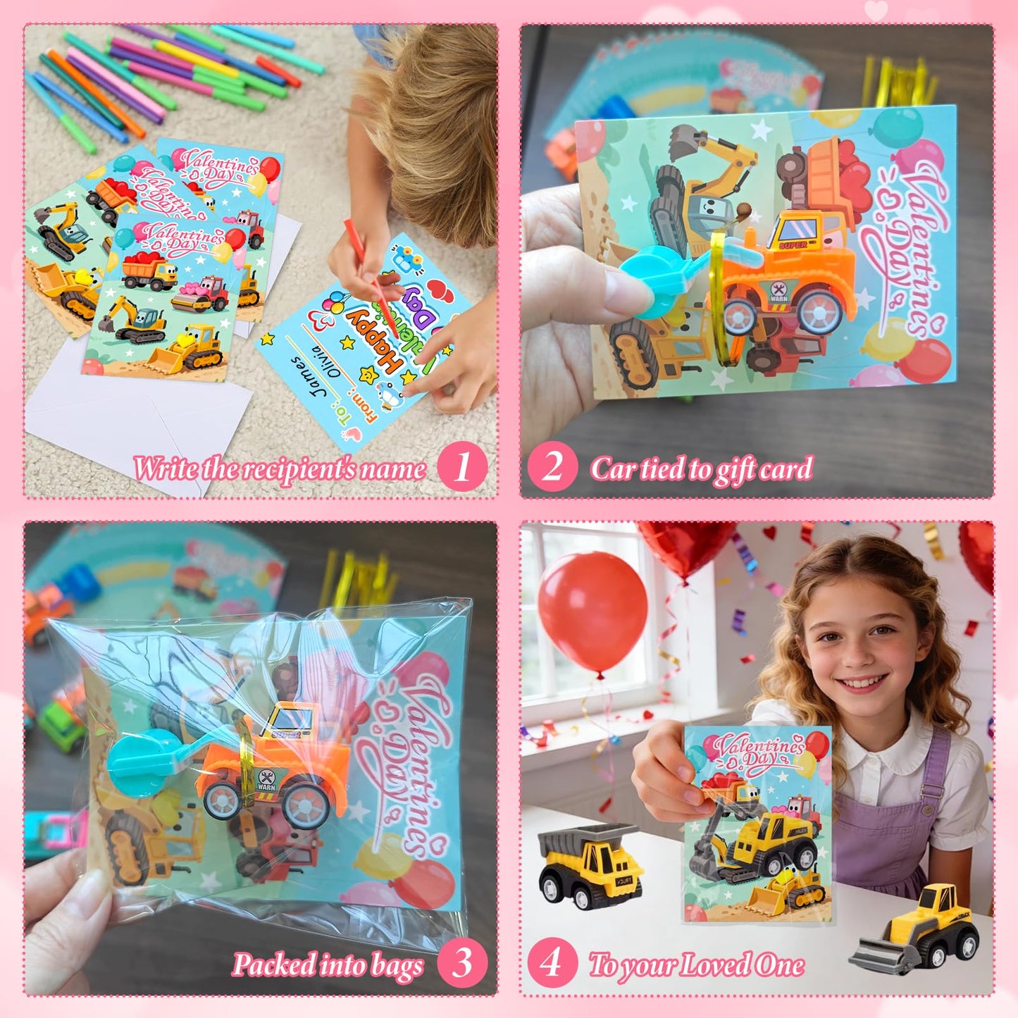 Atiger Valentines Day Cards for Kids School - 27 Pull-Back Construction Vehicles for Classroom Parties
