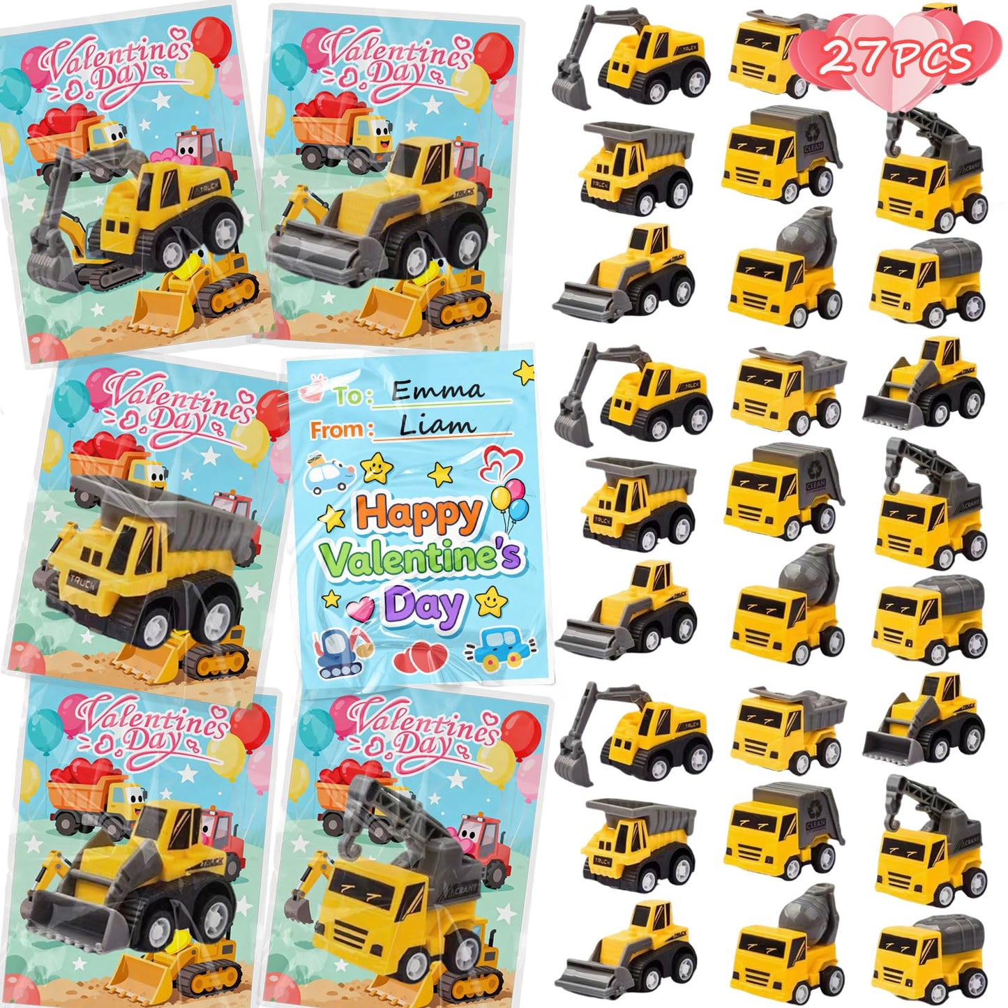 Atiger Valentines Day Cards for Kids School - 27 Pull-Back Construction Vehicles for Classroom Parties