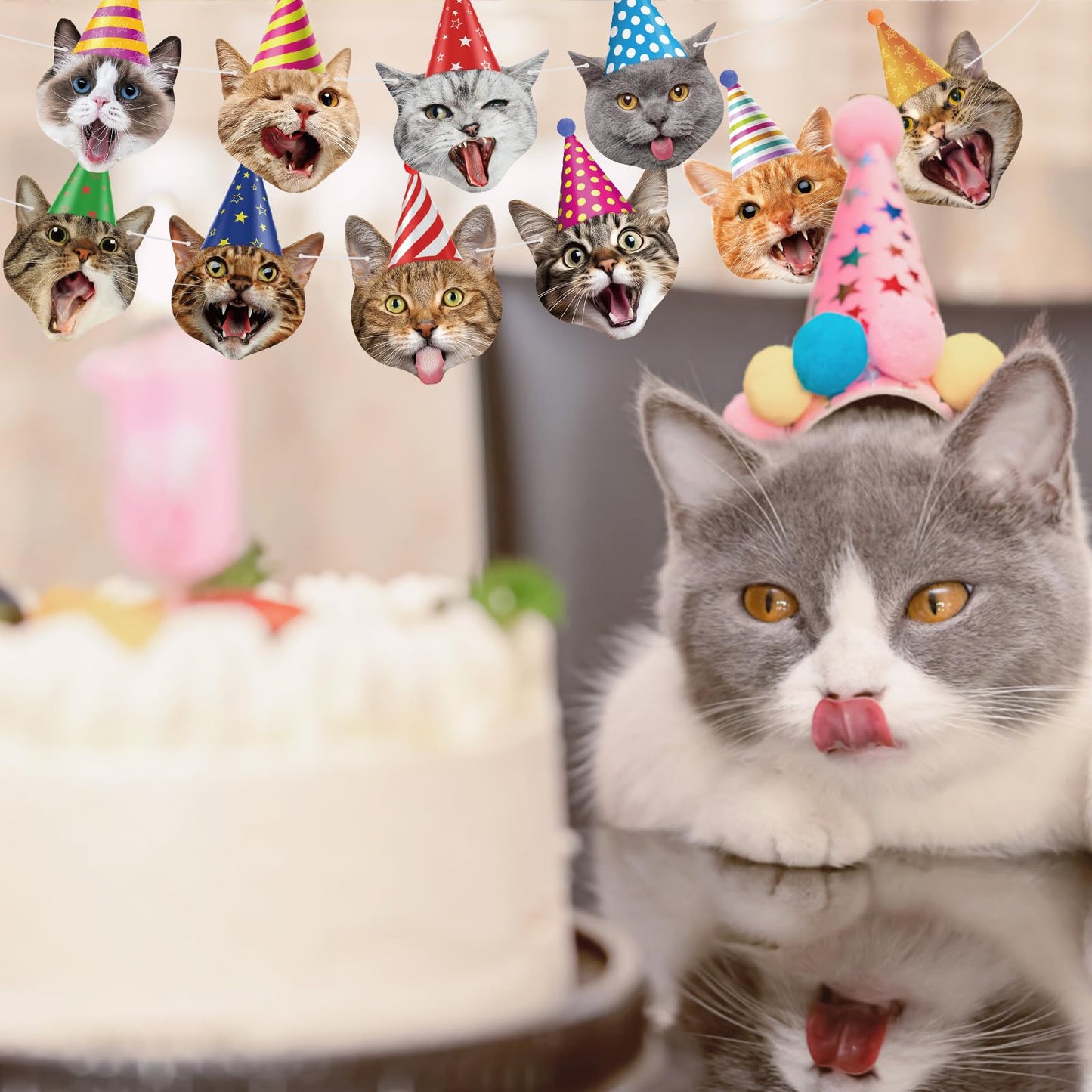 Atiloy Cat Face Birthday Banner Garland – Cute Cat Theme Party Decor for Kids
