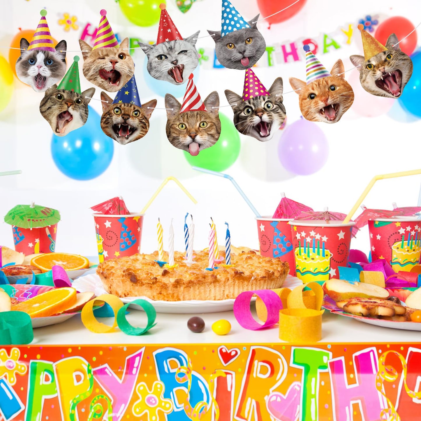 Atiloy Cat Face Birthday Banner Garland – Cute Cat Theme Party Decor for Kids