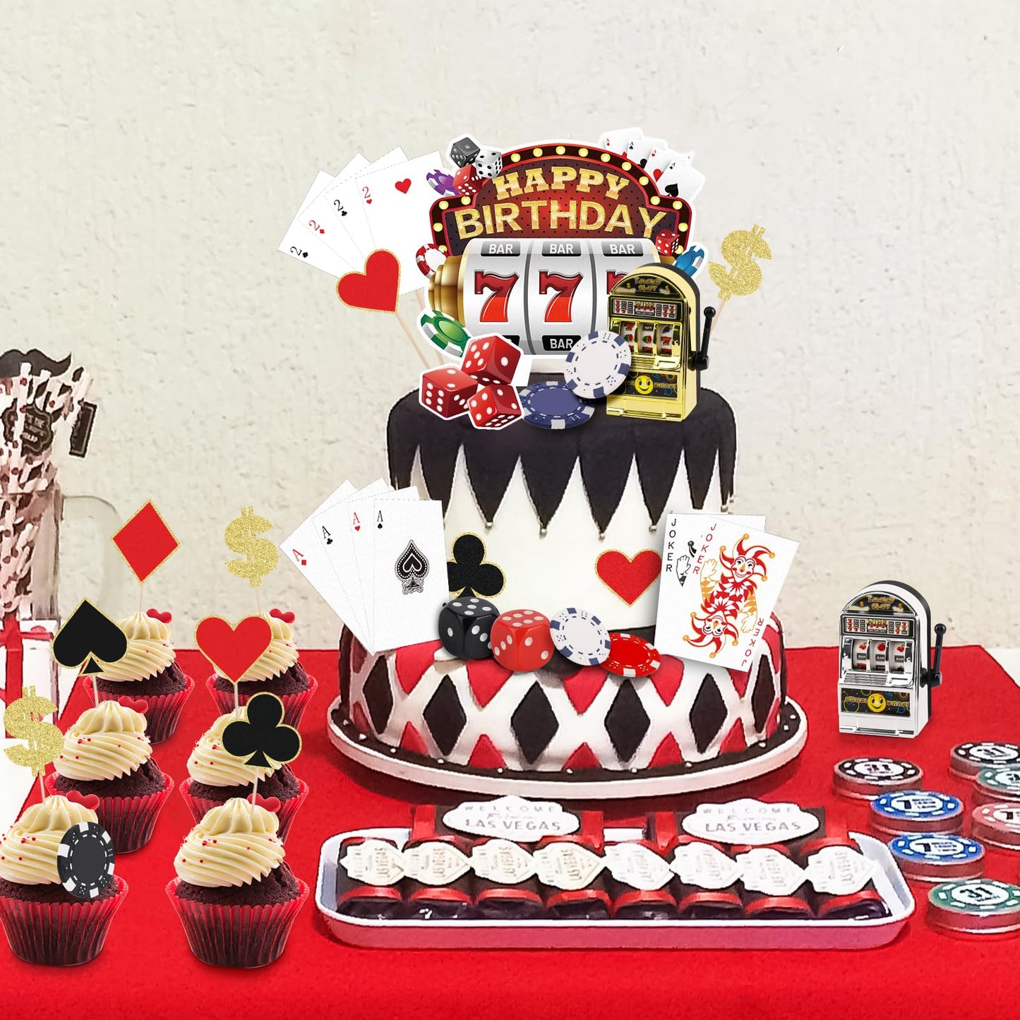 Atiloy 24-Piece Casino Cake Topper Set – Mini Slot Machine, Poker & Dice Cupcake Toppers