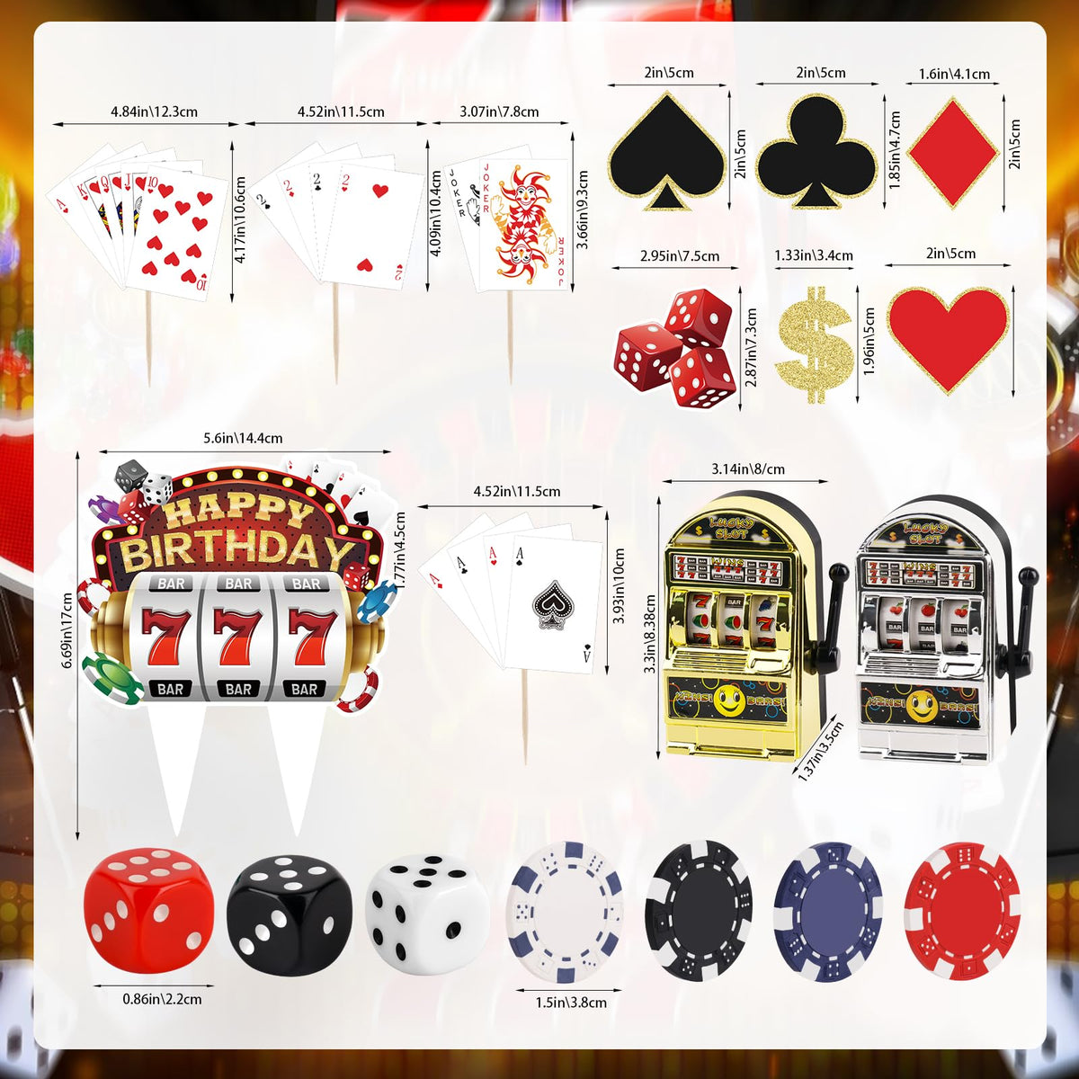 Atiloy 24-Piece Casino Cake Topper Set – Mini Slot Machine, Poker & Dice Cupcake Toppers