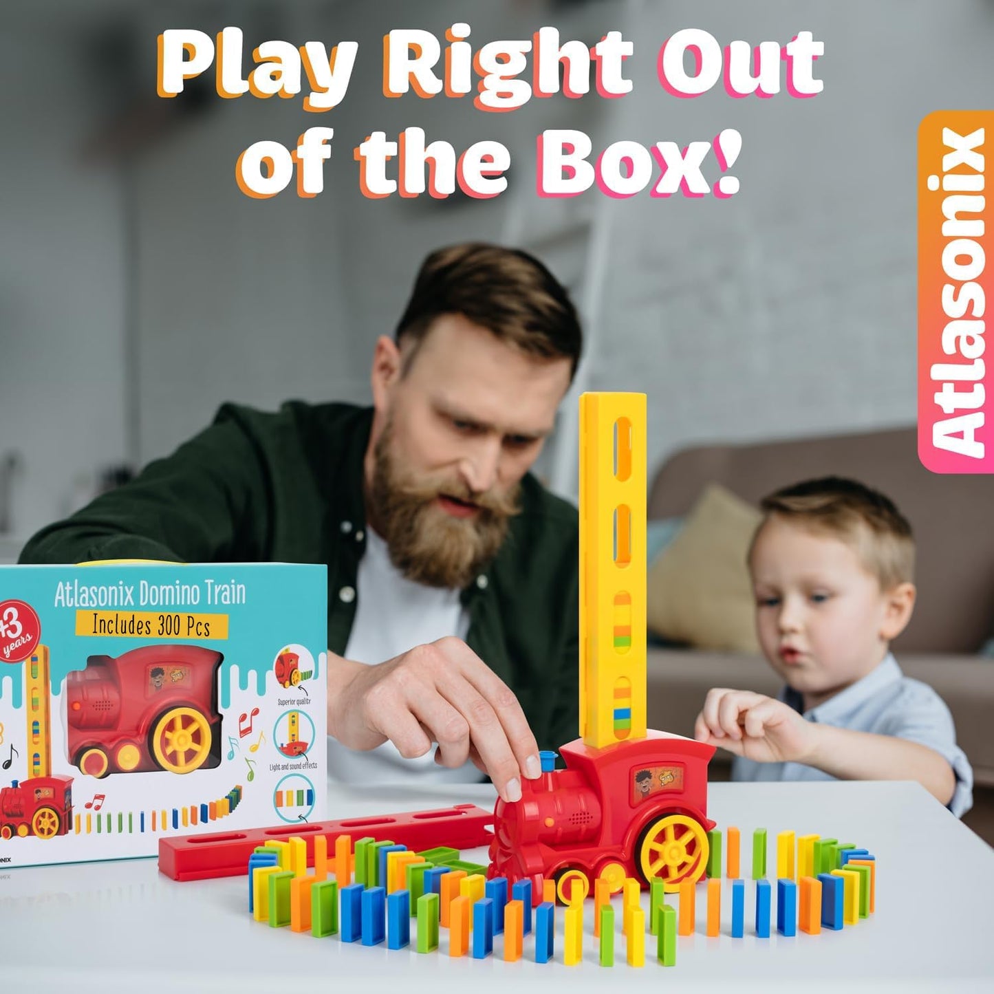 Atlasonix Domino Train – Automatic Domino Laying Toy Set for Kids | Mega Pack (300, 220, 160 Blocks)