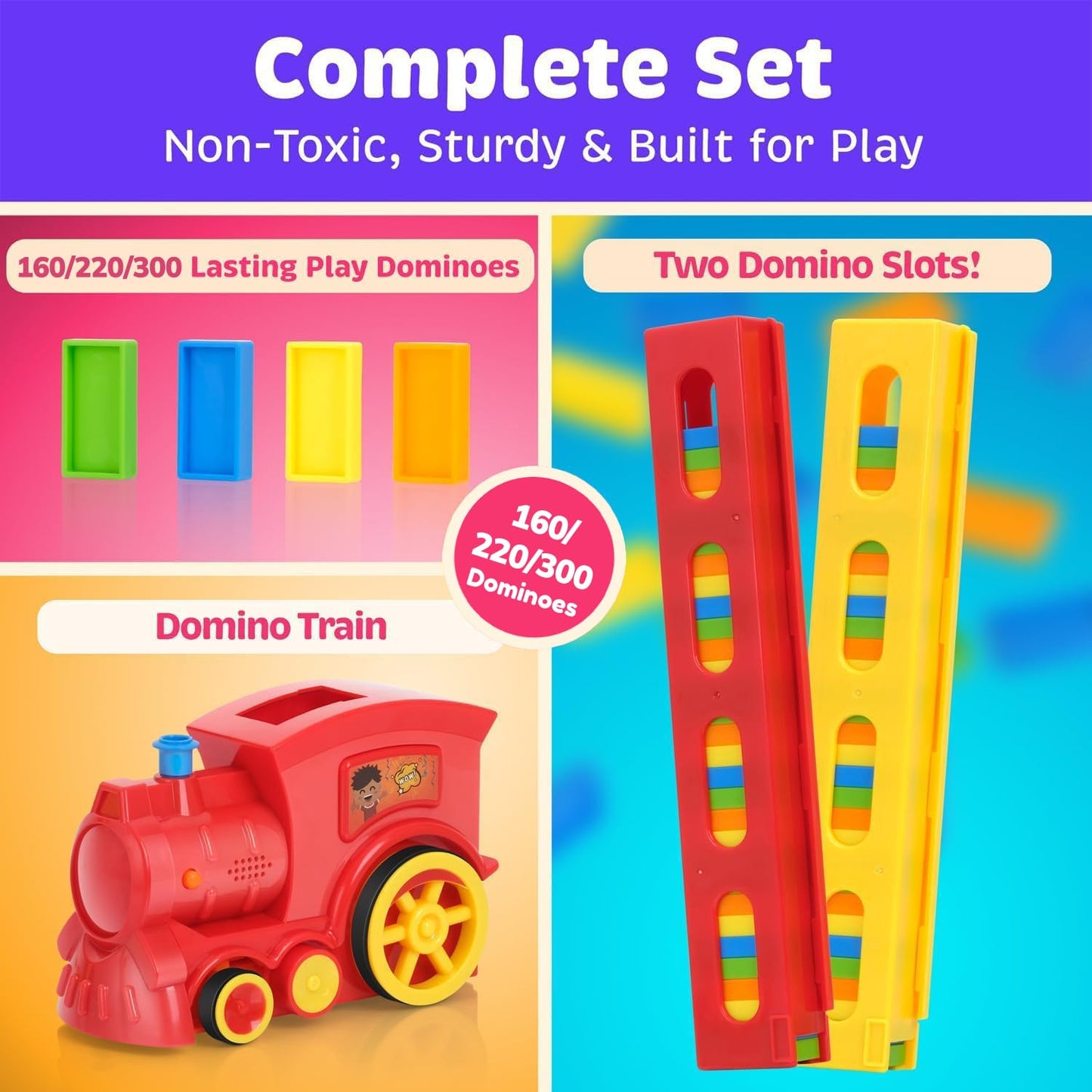 Atlasonix Domino Train | Automatic Domino Laying Toy for Kids | Montessori STEM Playset (300, 220, 160 Blocks)