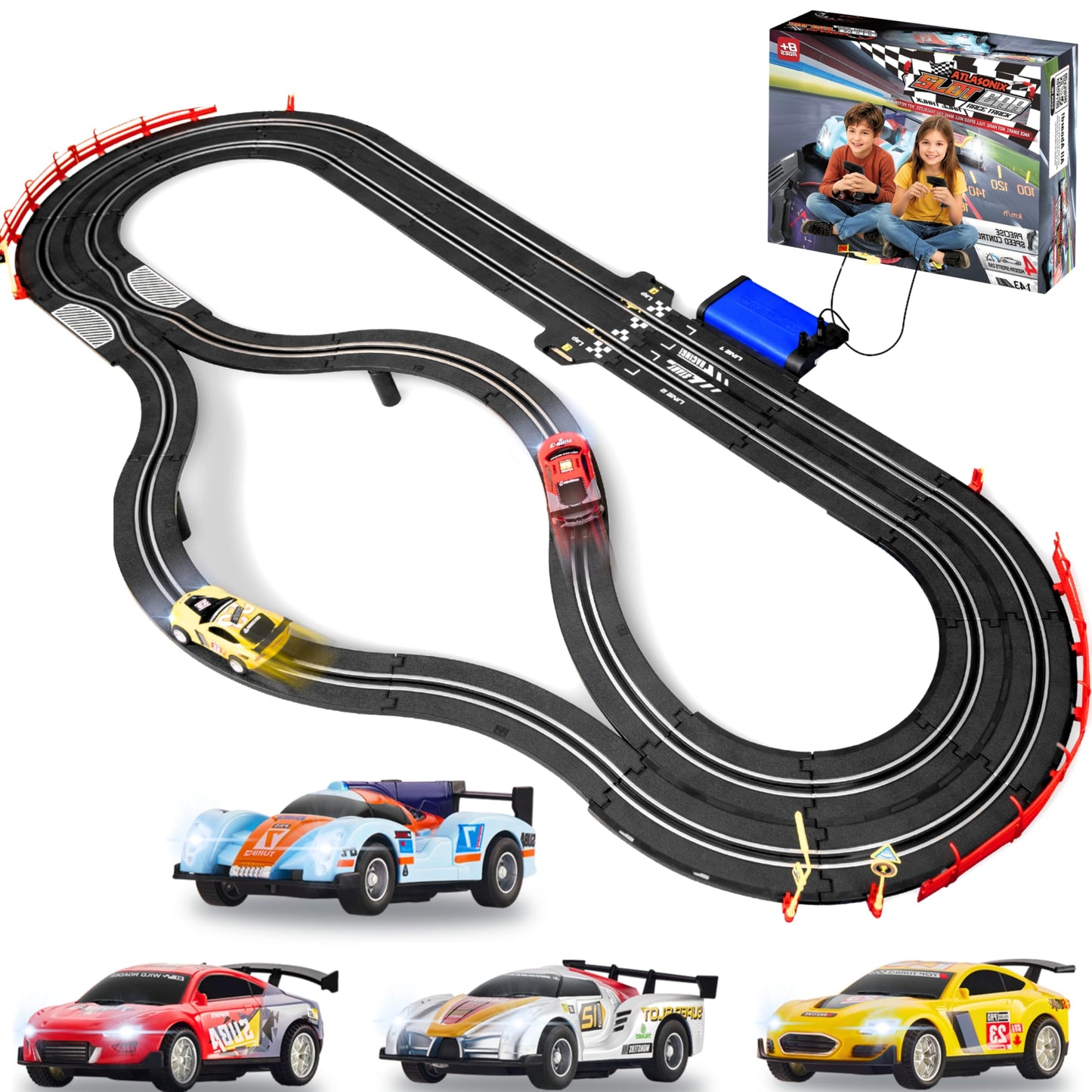 Atlasonix Slot Car Race Track Set – 115-foot Electric Track, 4 Cars & 2 Controllers