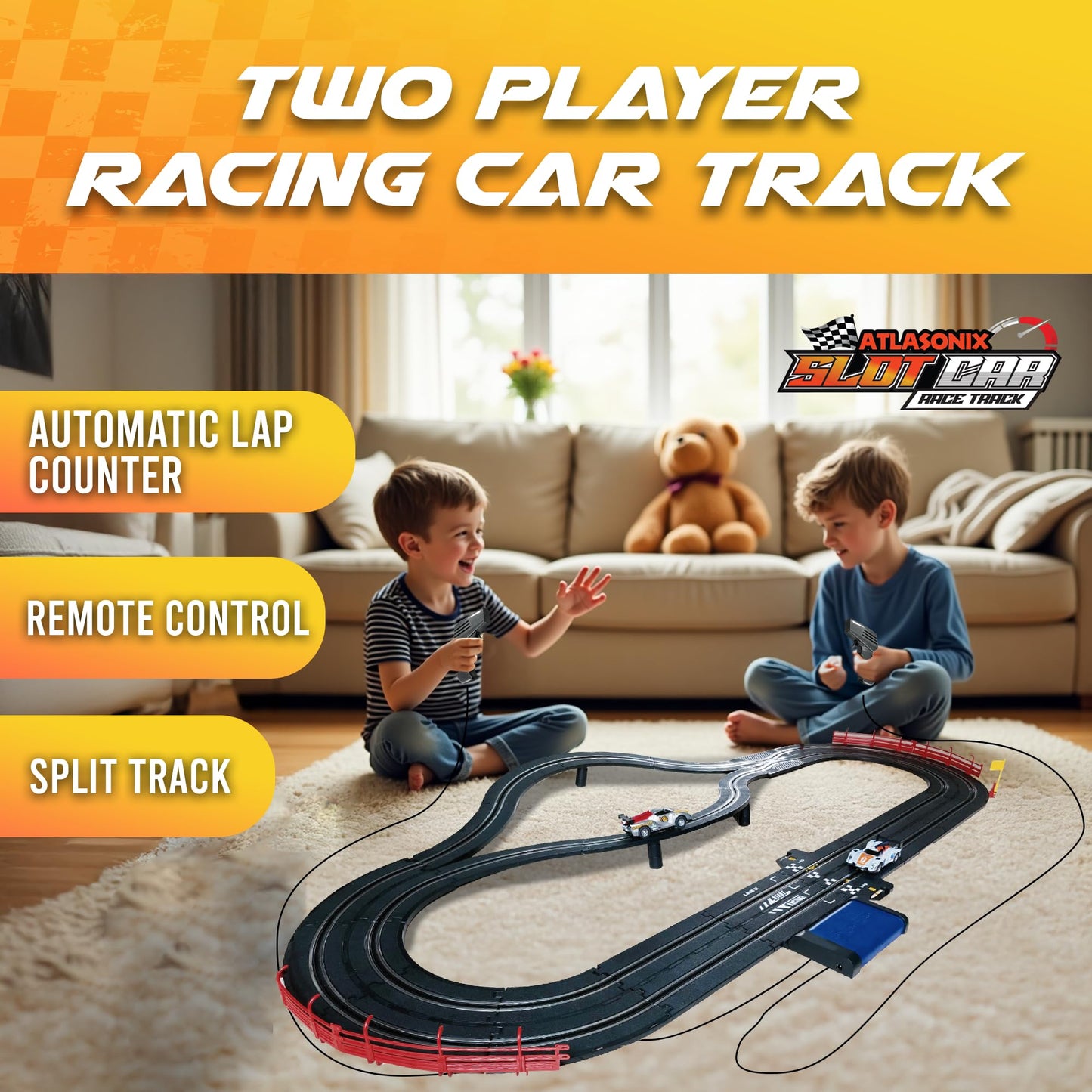 Atlasonix Slot Car Race Track Set – 115-foot Electric Track, 4 Cars & 2 Controllers