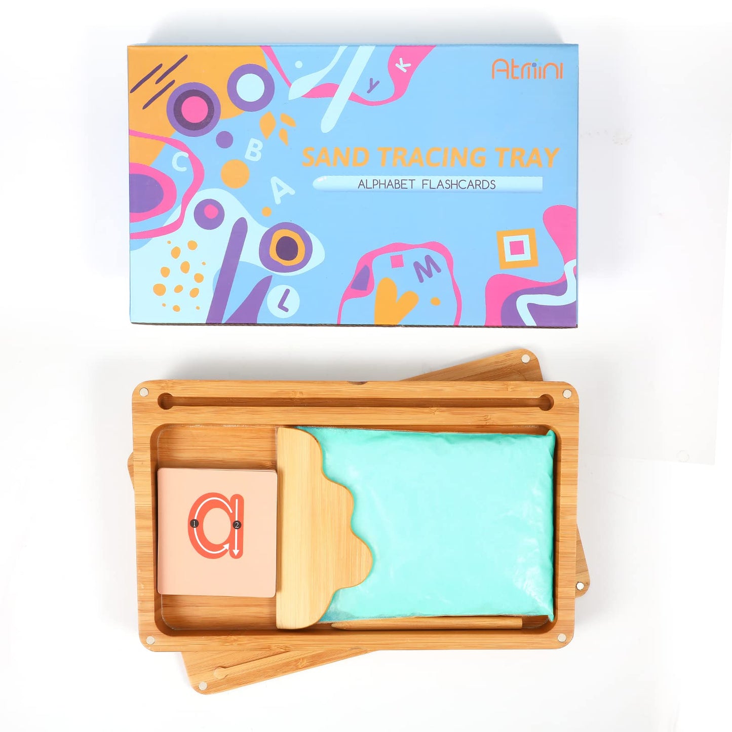 AtMini Montessori Sand Tray with Lid – Wooden Letter Writing Sand Tray (Blue)