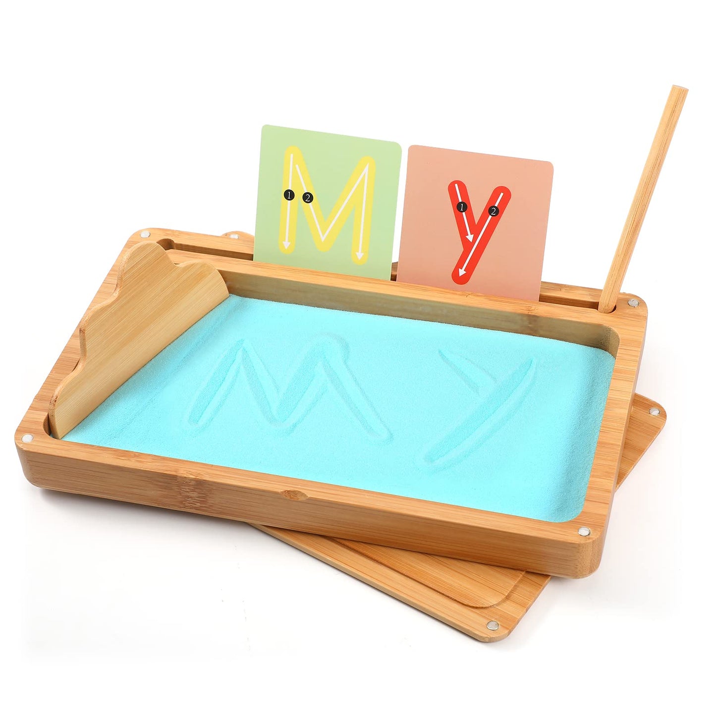AtMini Montessori Sand Tray with Lid – Wooden Letter Writing Sand Tray (Blue)