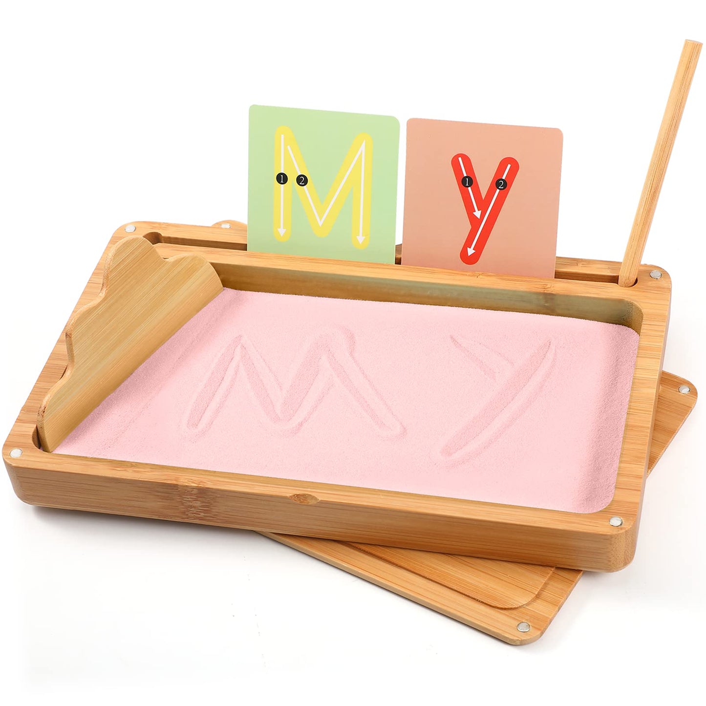 AtMini Montessori Sand Tray with Lid – Wooden Letter and Number Practice for Kids (Pink)