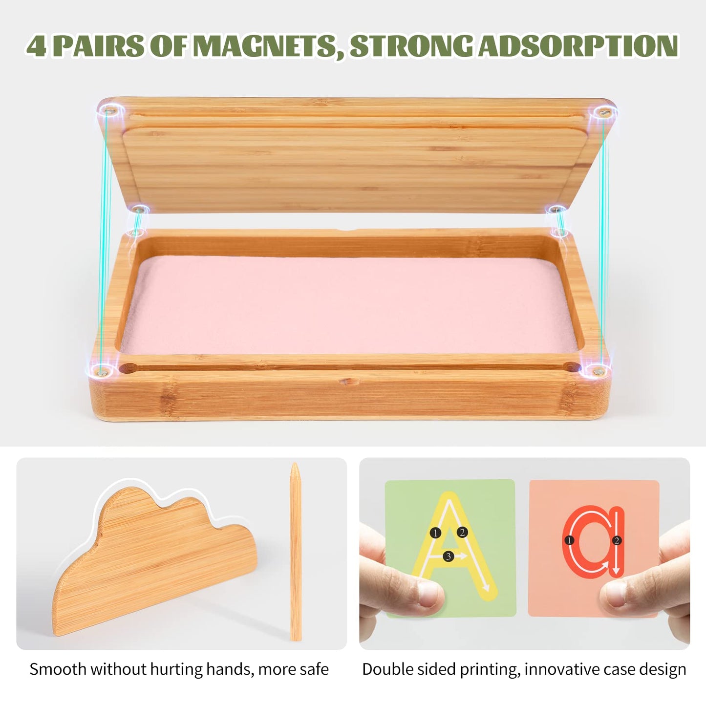 AtMini Montessori Sand Tray with Lid – Wooden Letter and Number Practice for Kids (Pink)