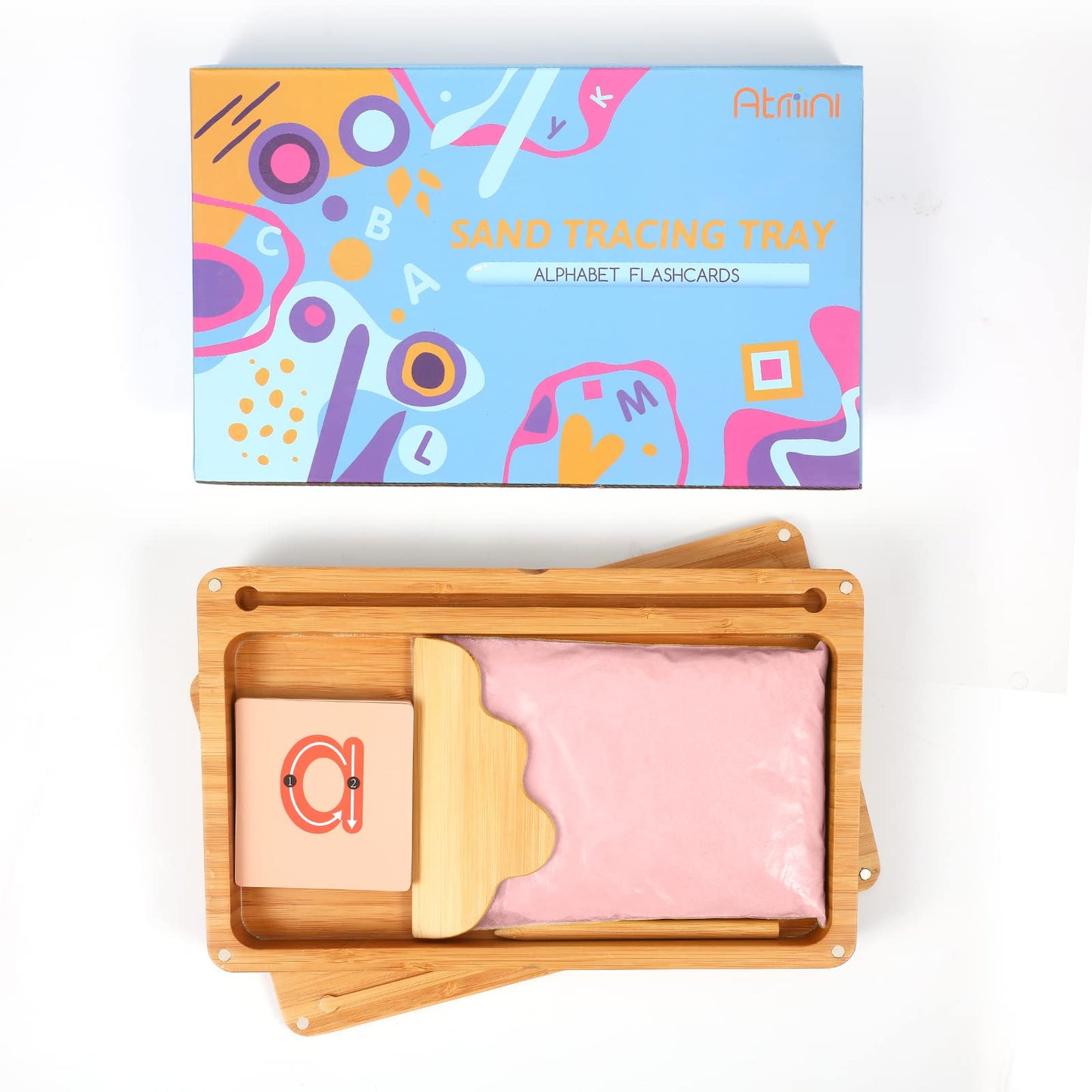 AtMini Montessori Sand Tray with Lid – Wooden Letter and Number Practice for Kids (Pink)