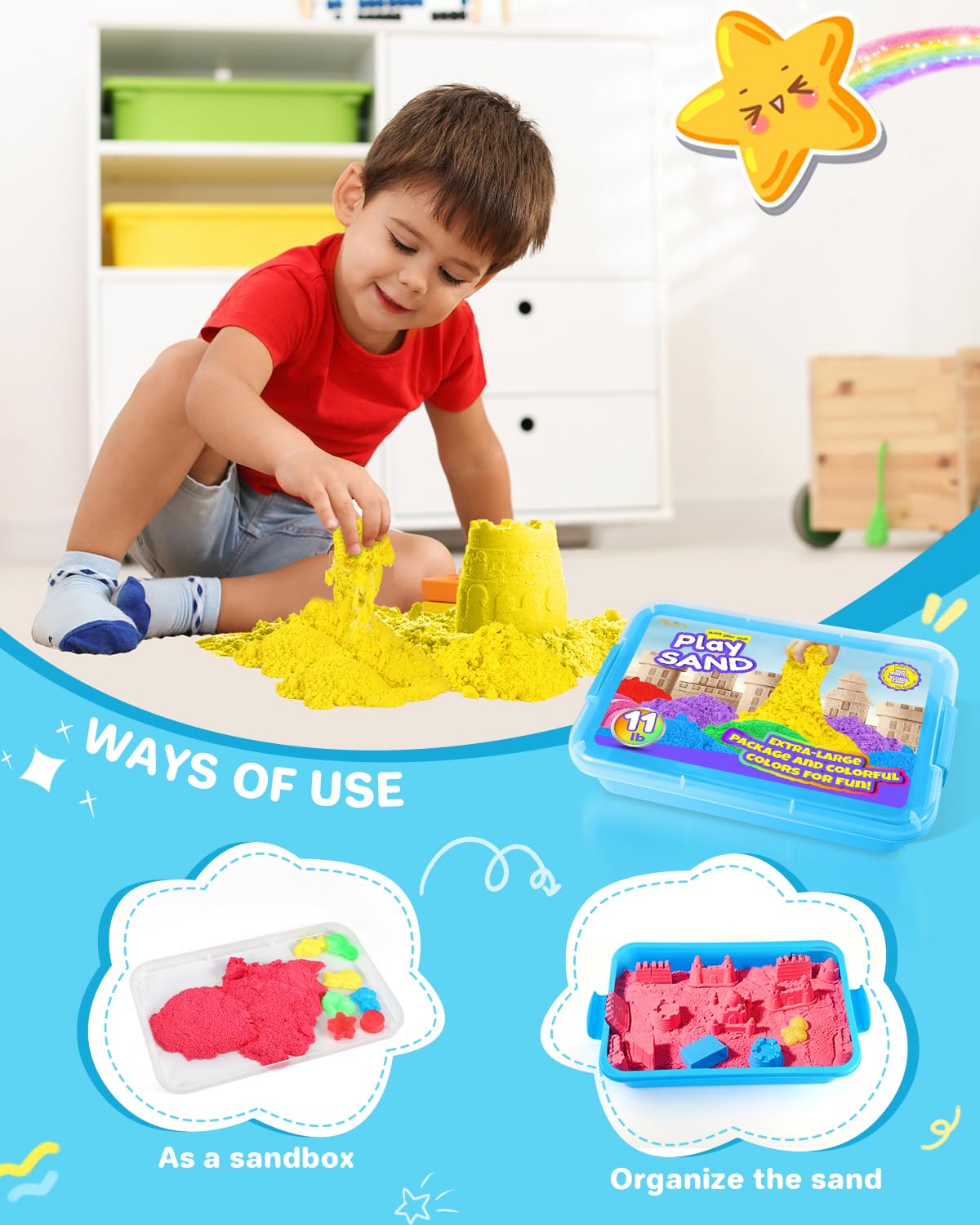 AtMini Play Sand for Kids – 11lbs of Six Colored Sands in a Blue Tray