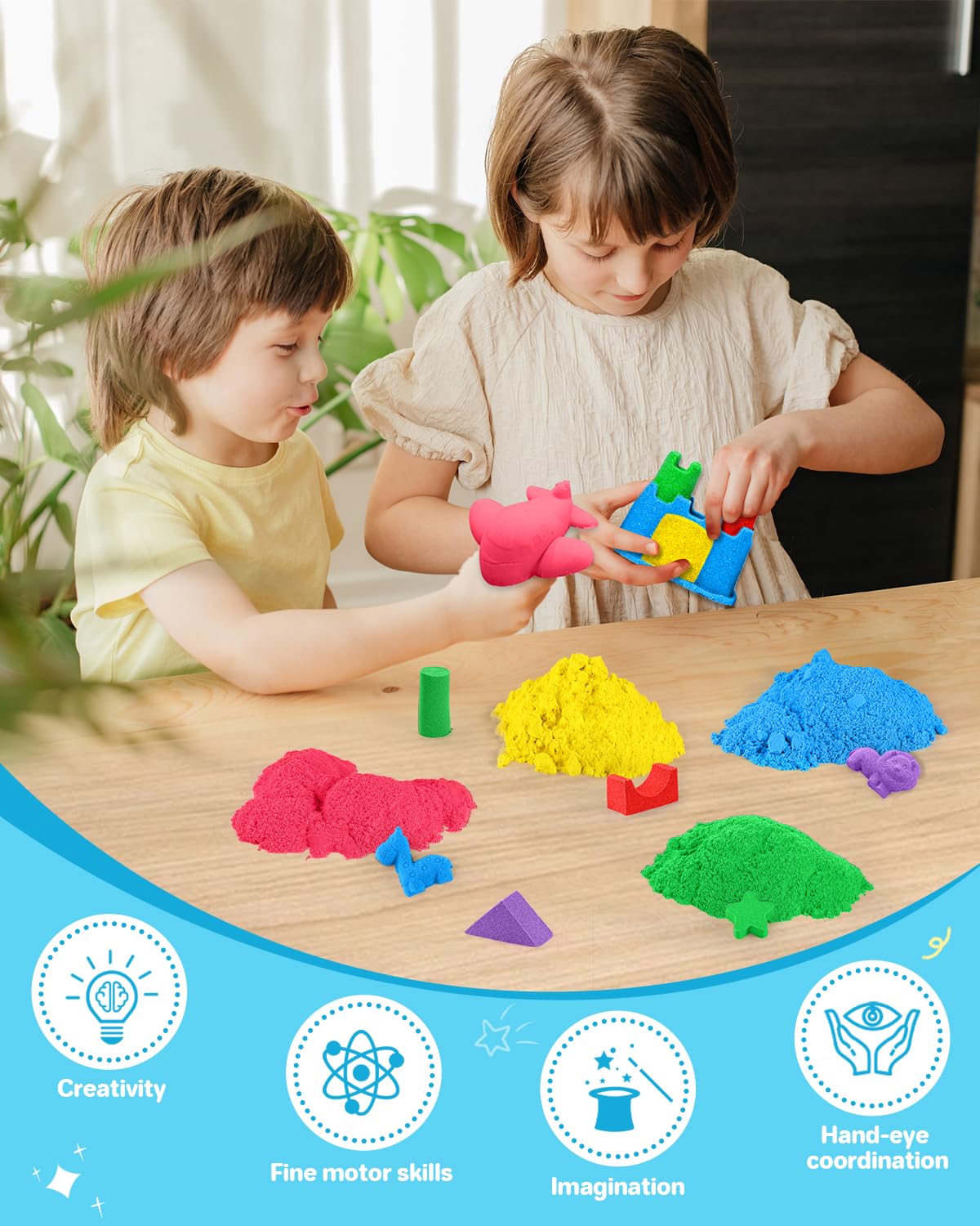 AtMini Play Sand for Kids – 11lbs of Six Colored Sands in a Blue Tray