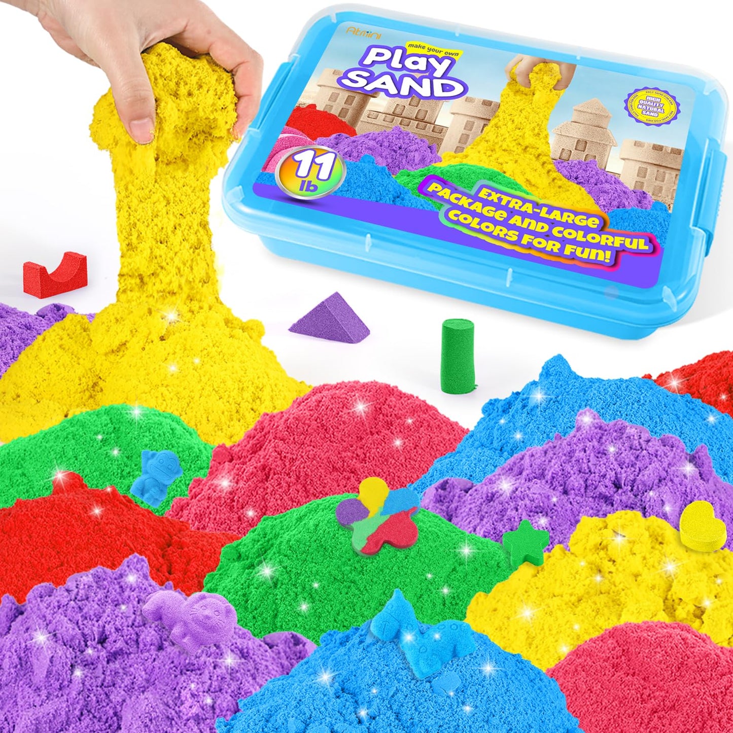 AtMini Play Sand for Kids – 11lbs of Six Colored Sands in a Blue Tray