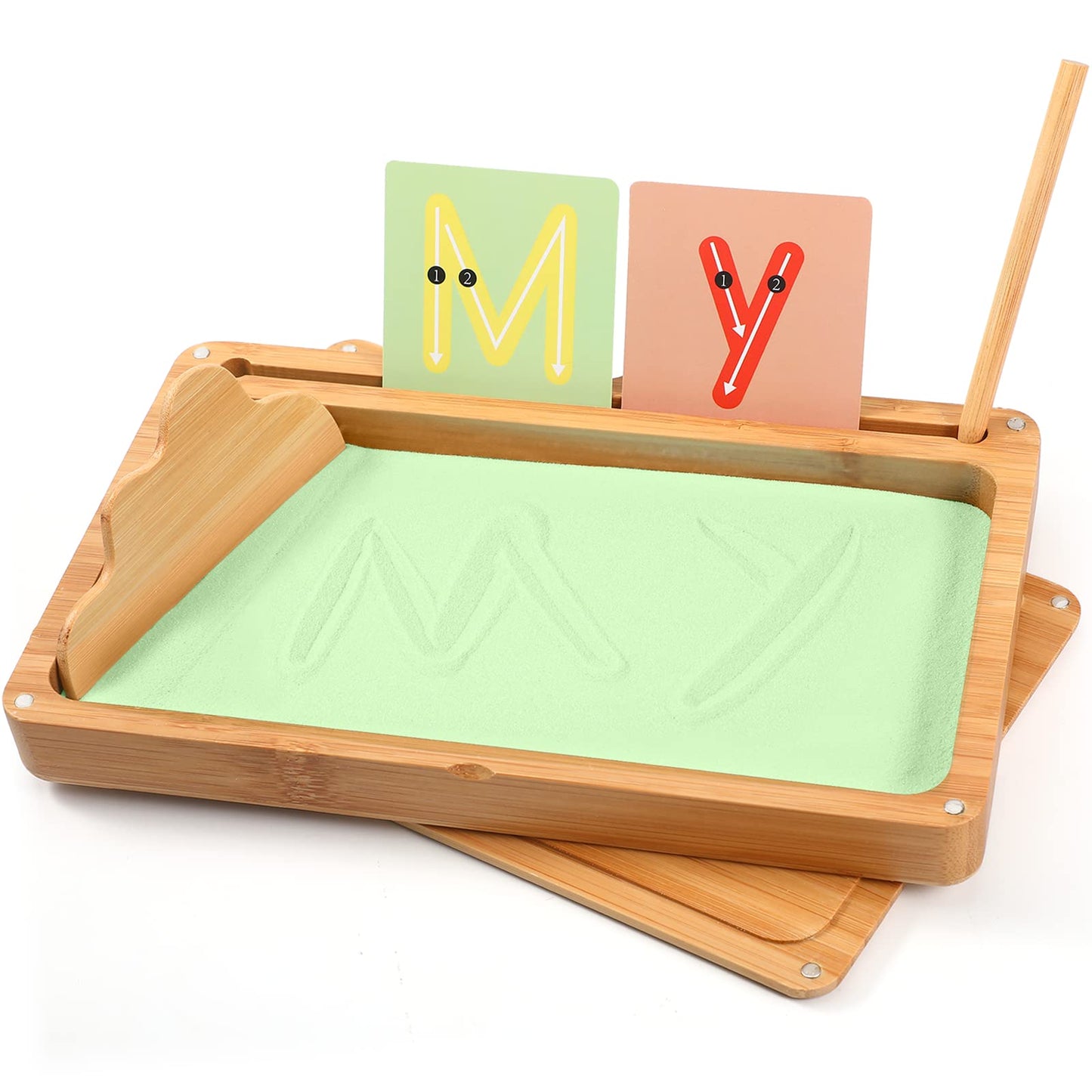 AtMini Sand Tray for Classroom – Wooden Montessori Tray with Lid, Letters & Cards (Green)