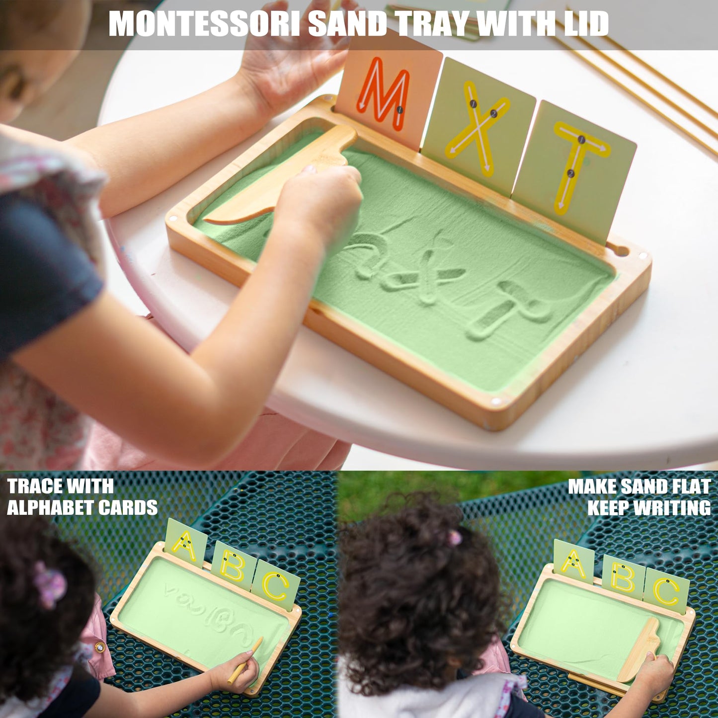 AtMini Sand Tray for Classroom – Wooden Montessori Tray with Lid, Letters & Cards (Green)