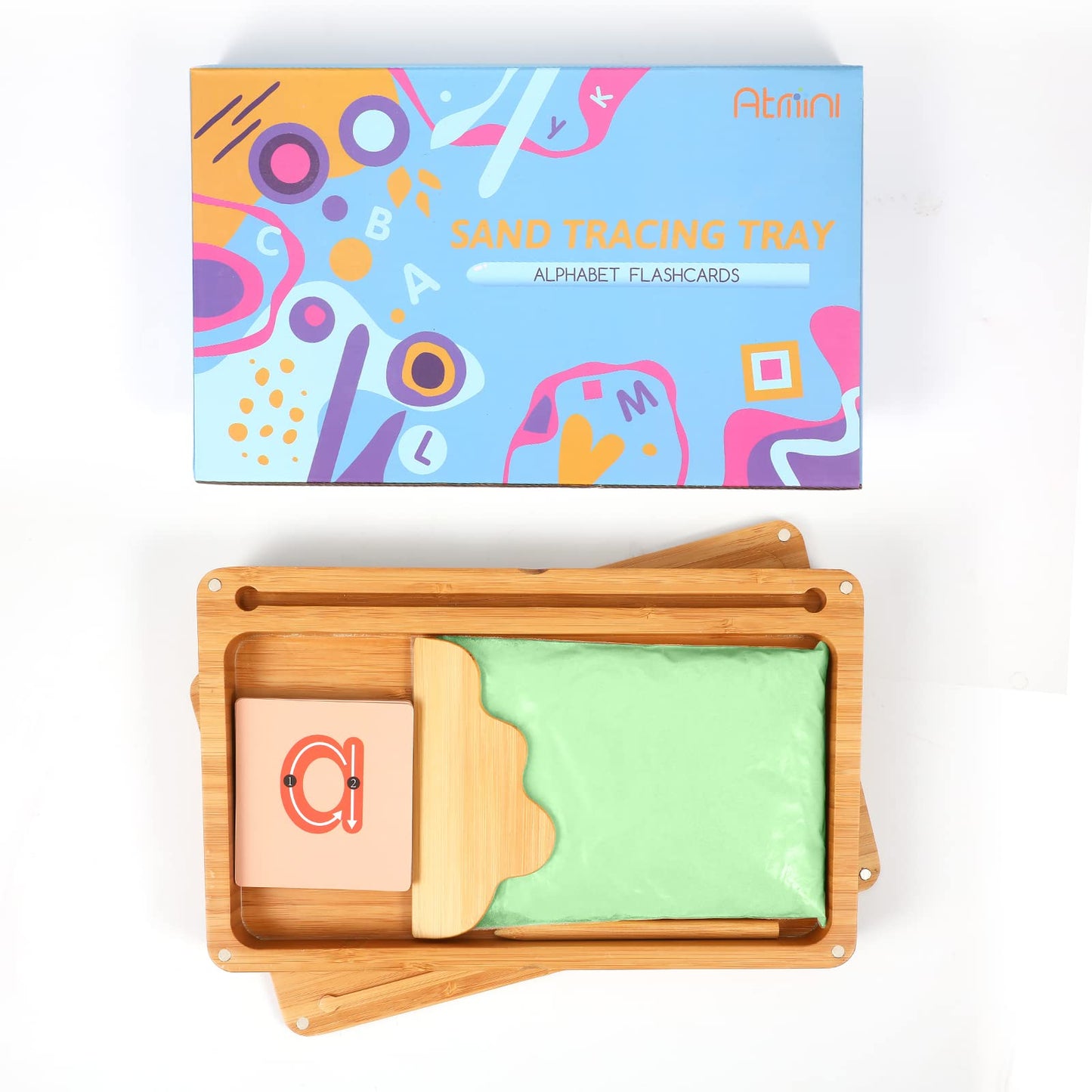 AtMini Sand Tray for Classroom – Wooden Montessori Tray with Lid, Letters & Cards (Green)