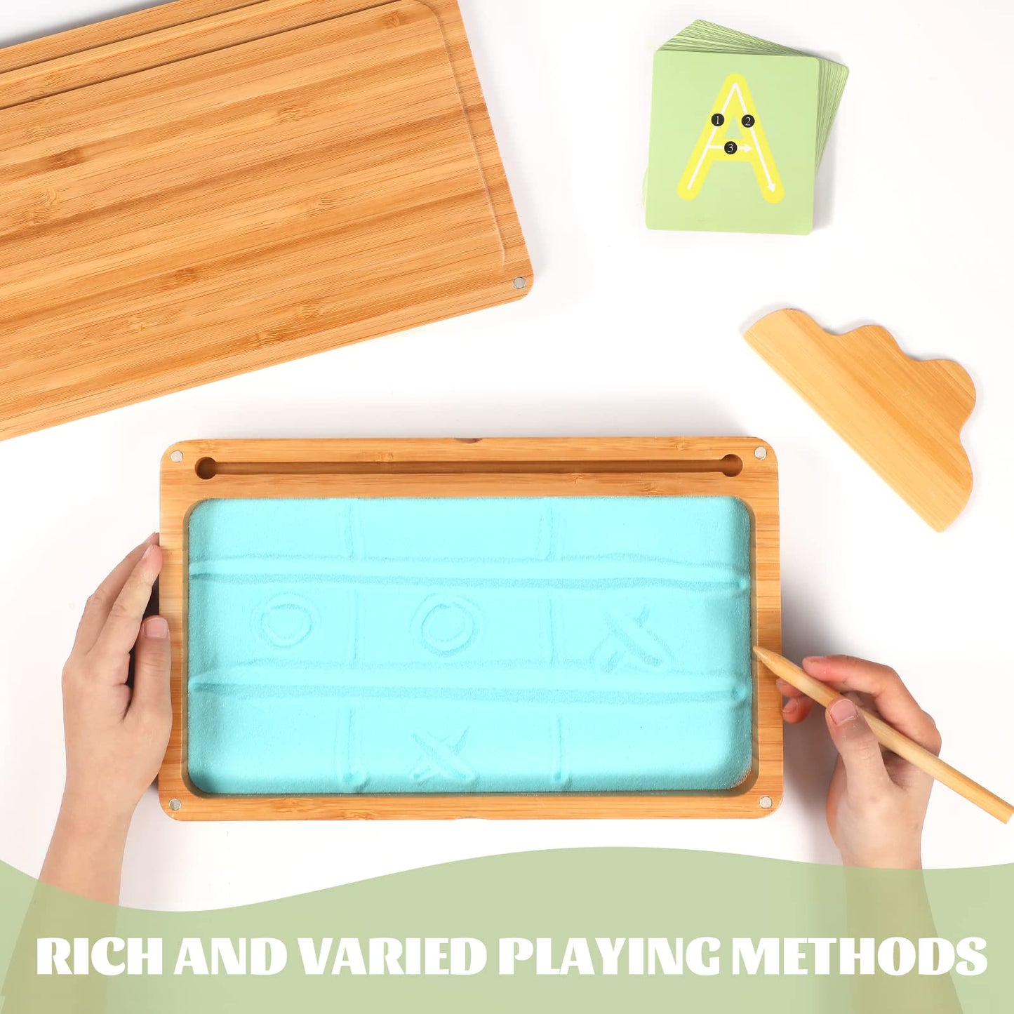 AtMini Montessori Sand Tray with Lid – Wooden Letter Writing Sand Tray (Blue)