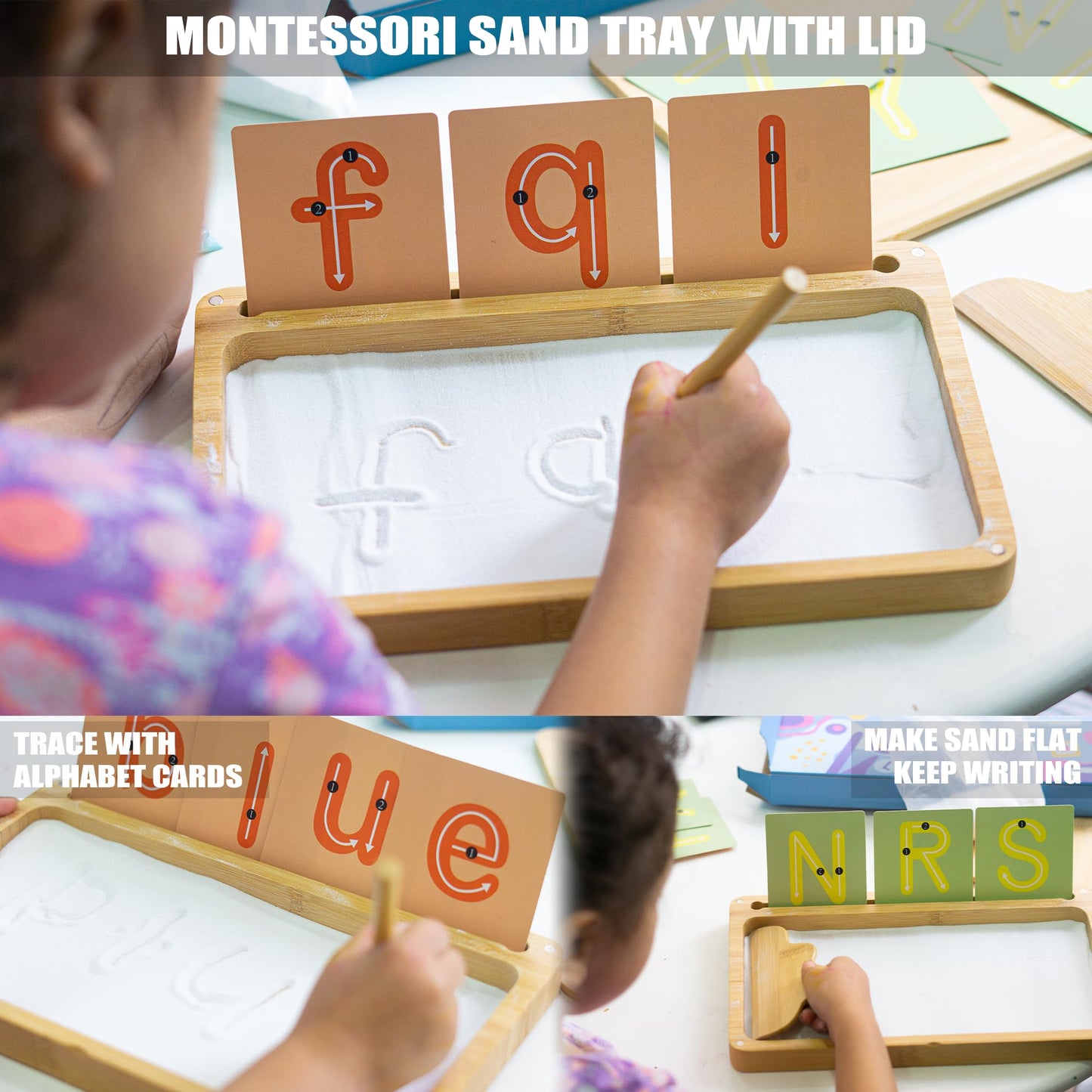 AtMini Sand Tray for Classroom – Wooden Montessori Sand Tray with Lid (White)