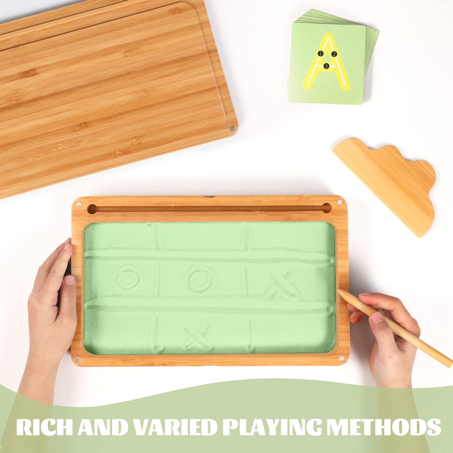 AtMini Sand Tray for Classroom – Wooden Montessori Tray with Lid, Letters & Cards (Green)