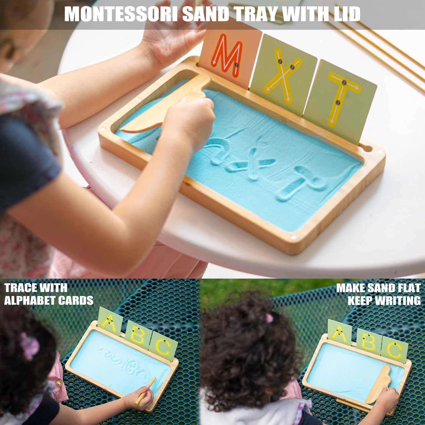 AtMini Montessori Sand Tray with Lid – Wooden Letter Writing Sand Tray (Blue)