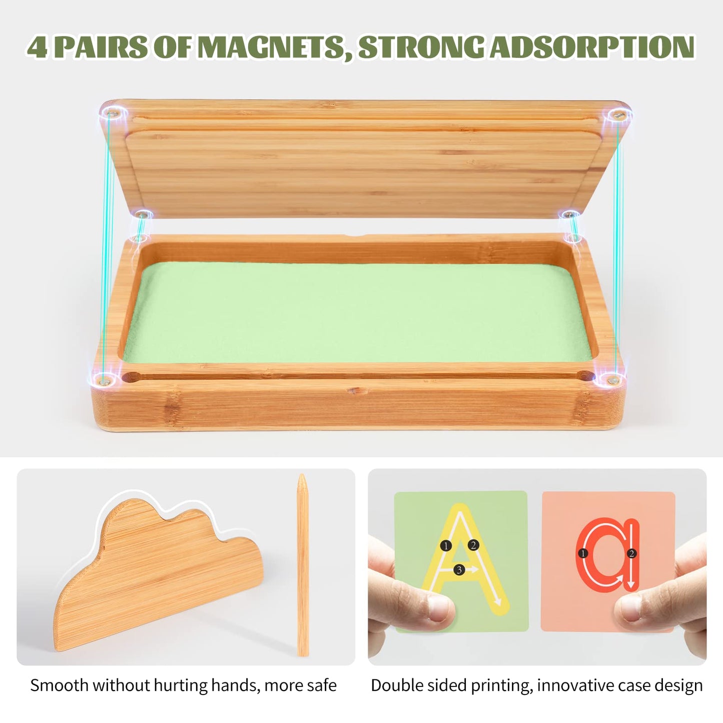 AtMini Sand Tray for Classroom – Wooden Montessori Tray with Lid, Letters & Cards (Green)