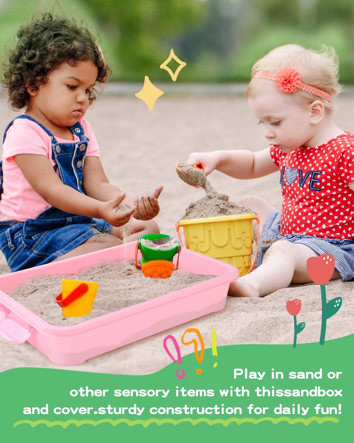 AtMini Sensory Bin Sand Tray with Lid – Large 15in Portable Sandbox (Pink)