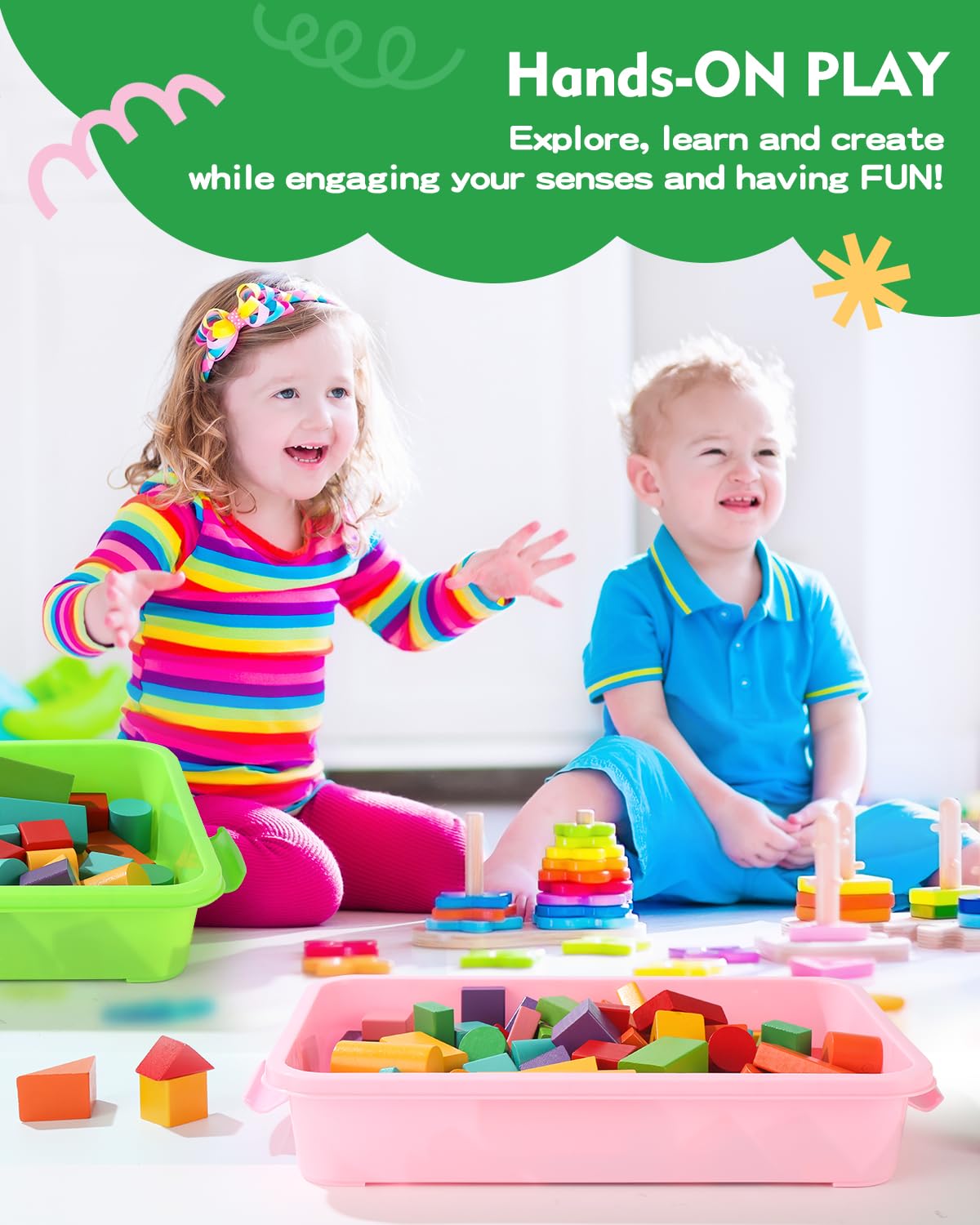 AtMini Sensory Bin Sand Tray with Lid – 15in Portable Sandbox for Toddlers (Pink + Green)