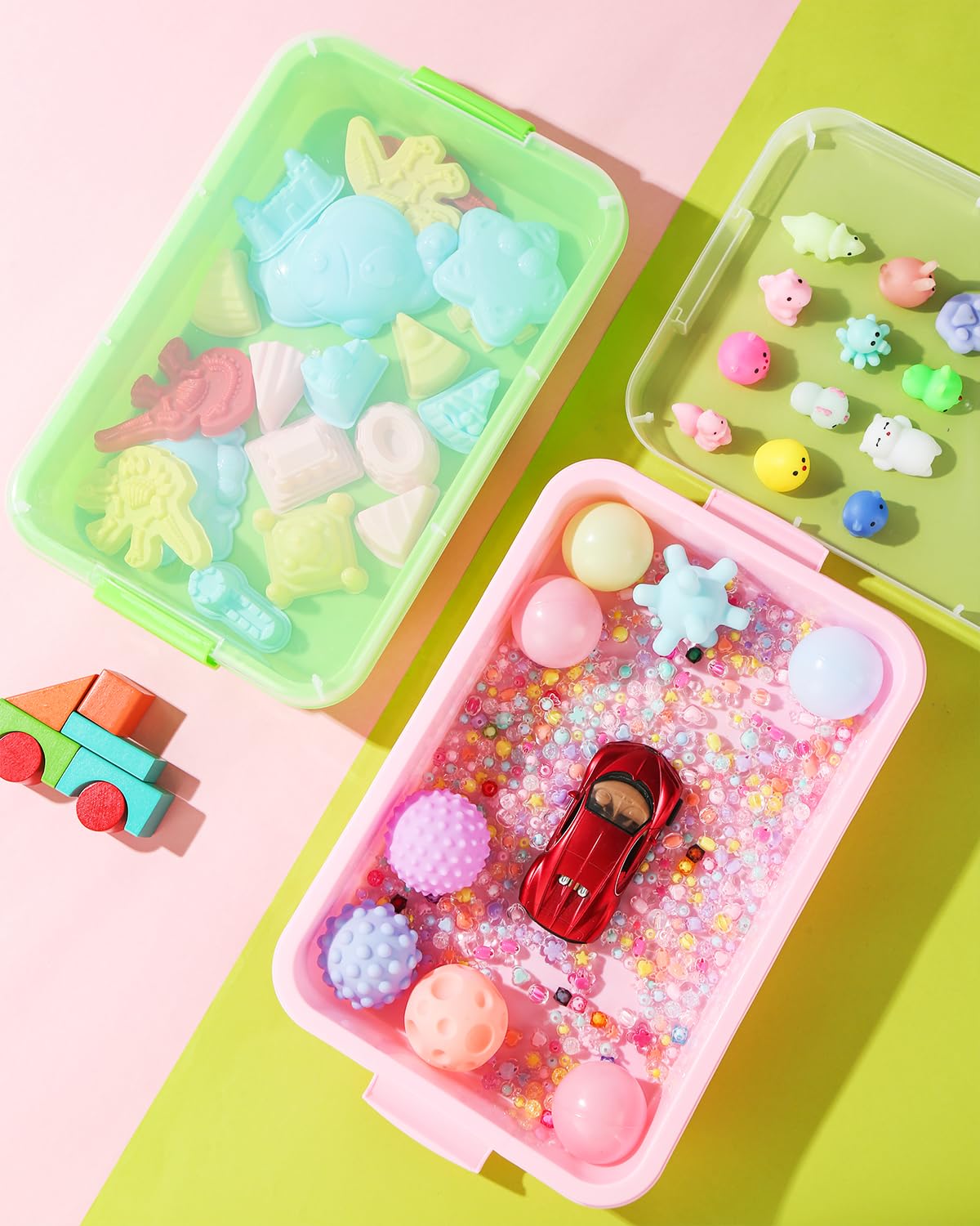 AtMini Sensory Bin Sand Tray with Lid – 15in Portable Sandbox for Toddlers (Pink + Green)
