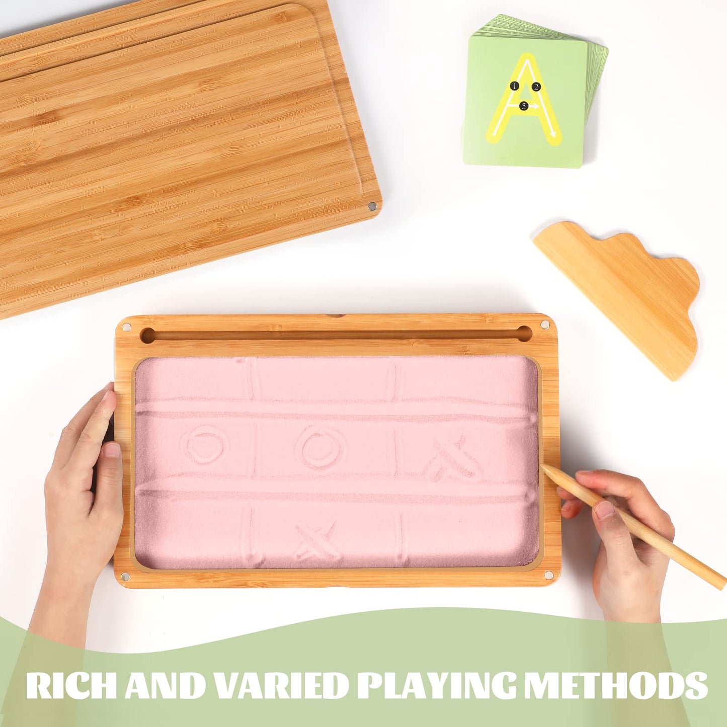 AtMini Montessori Sand Tray with Lid – Wooden Letter and Number Practice for Kids (Pink)