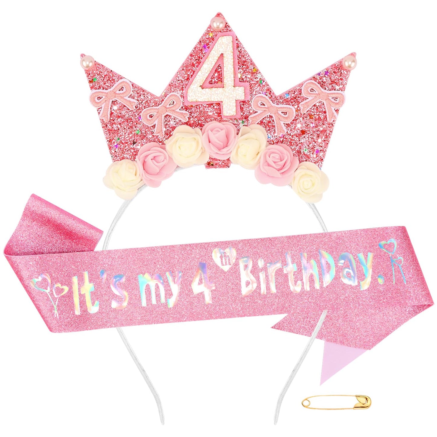 Atoden 4 Year Old Birthday Headband & Sash – Glitter Flower Crown for Girls