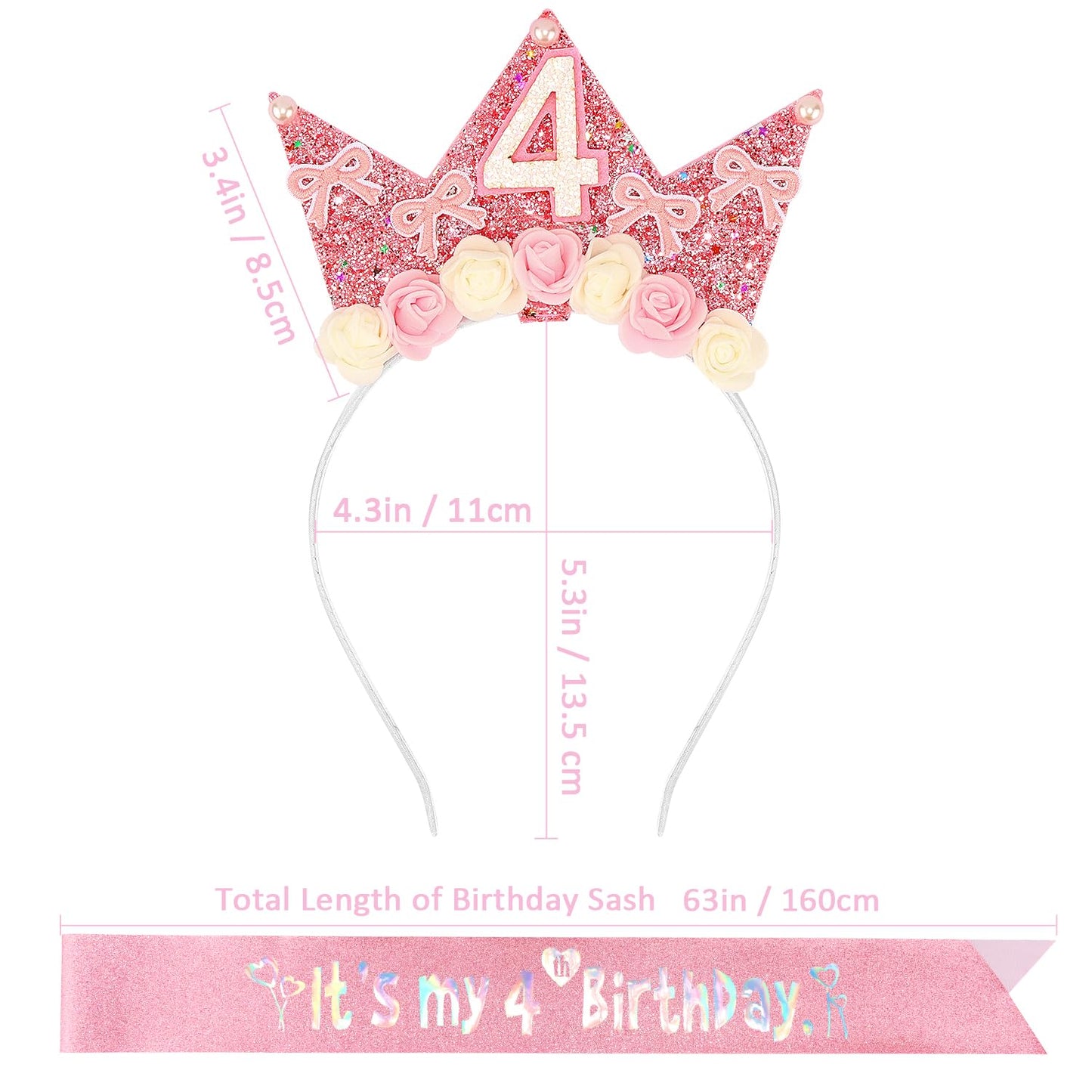 Atoden 4 Year Old Birthday Headband & Sash – Glitter Flower Crown for Girls