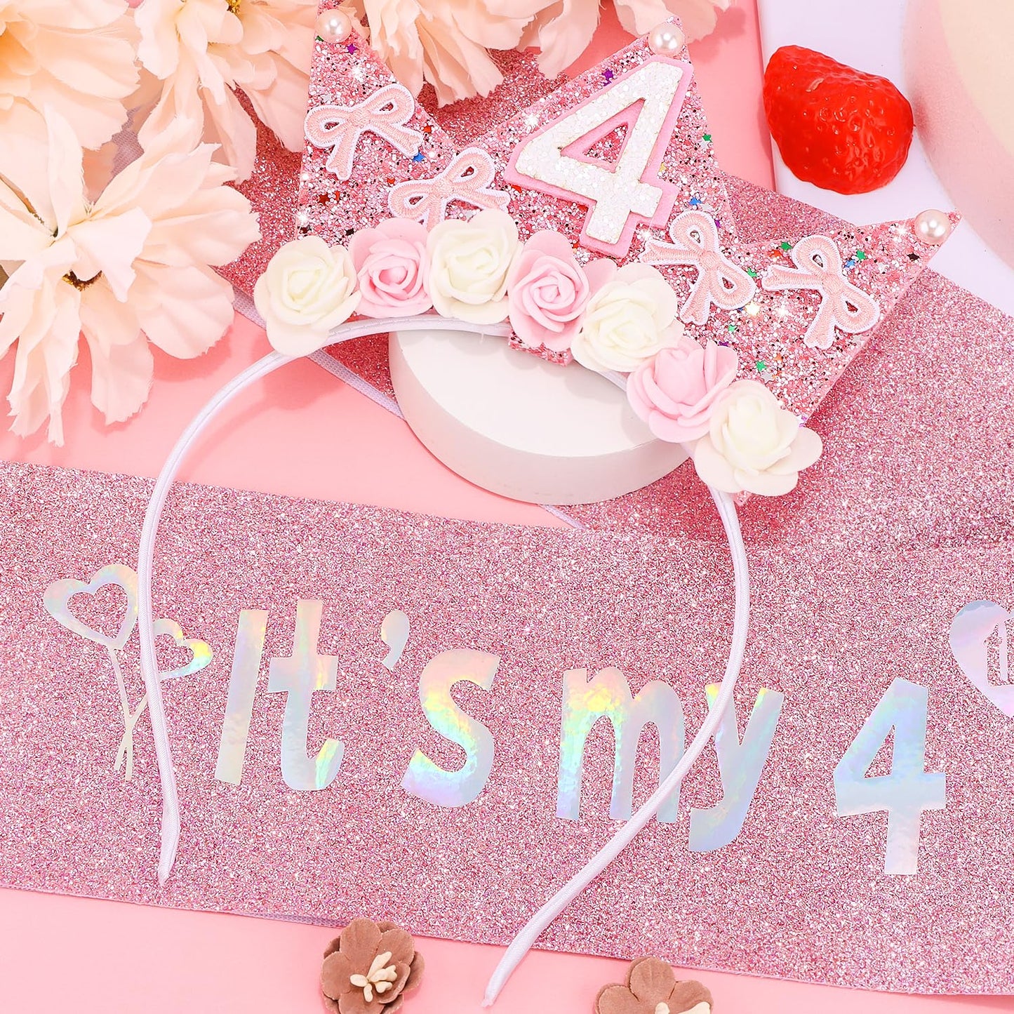 Atoden 4 Year Old Birthday Headband & Sash – Glitter Flower Crown for Girls