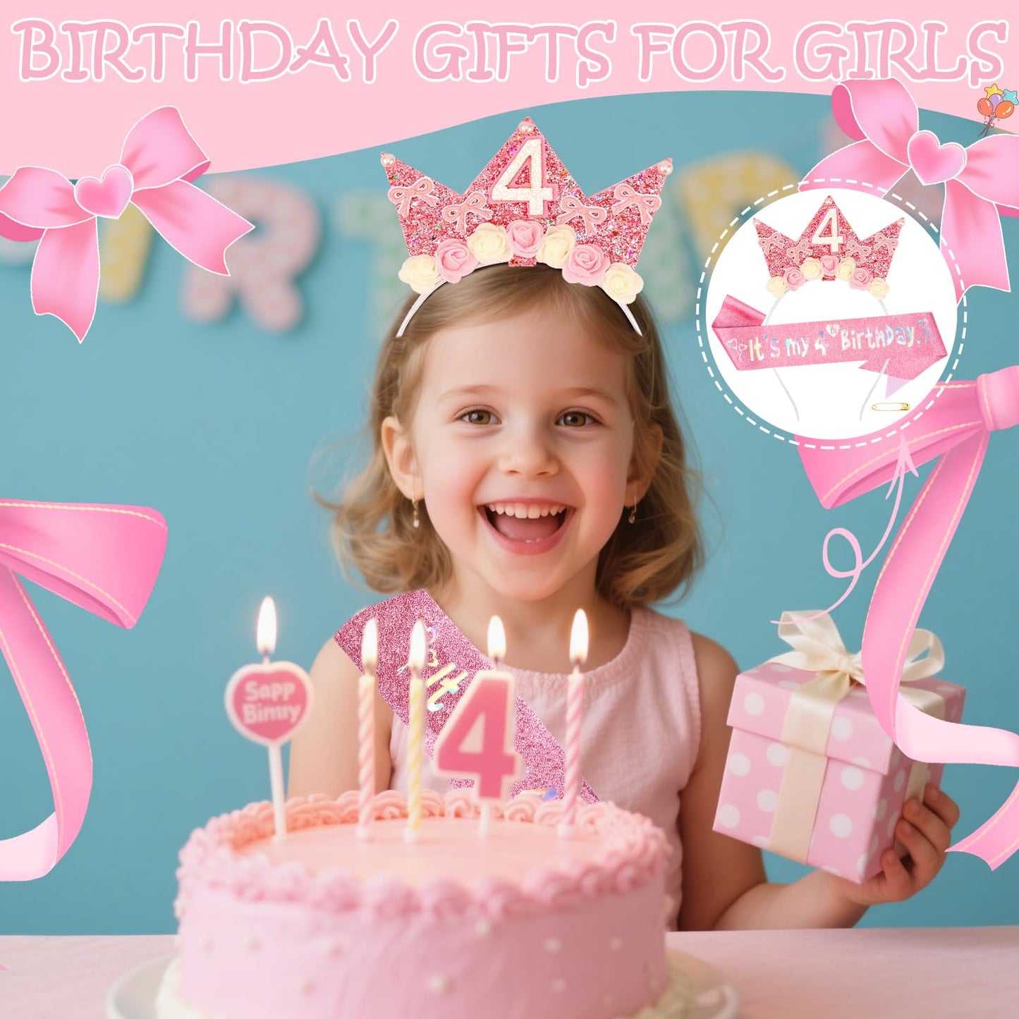 Atoden 4 Year Old Birthday Headband & Sash – Glitter Flower Crown for Girls