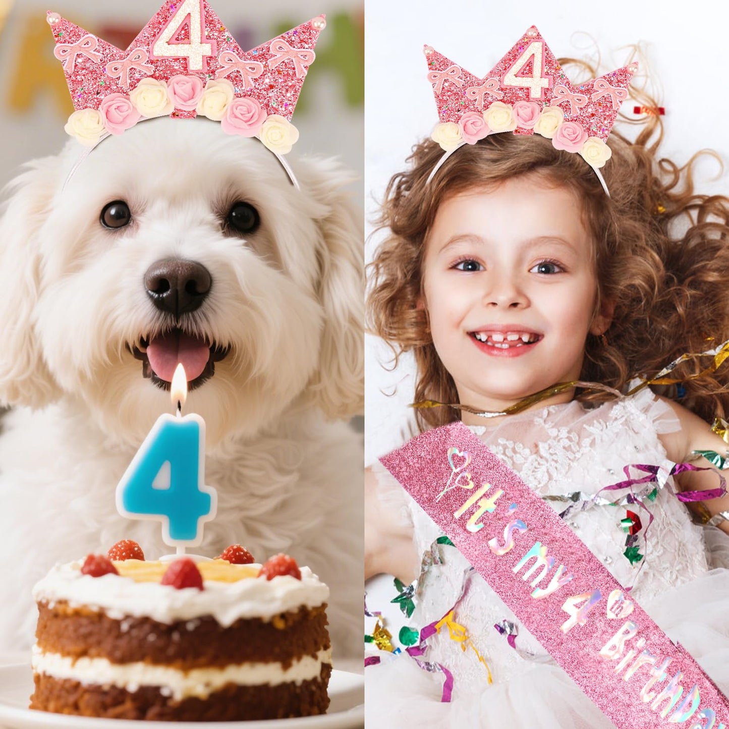 Atoden 4 Year Old Birthday Headband & Sash – Glitter Flower Crown for Girls